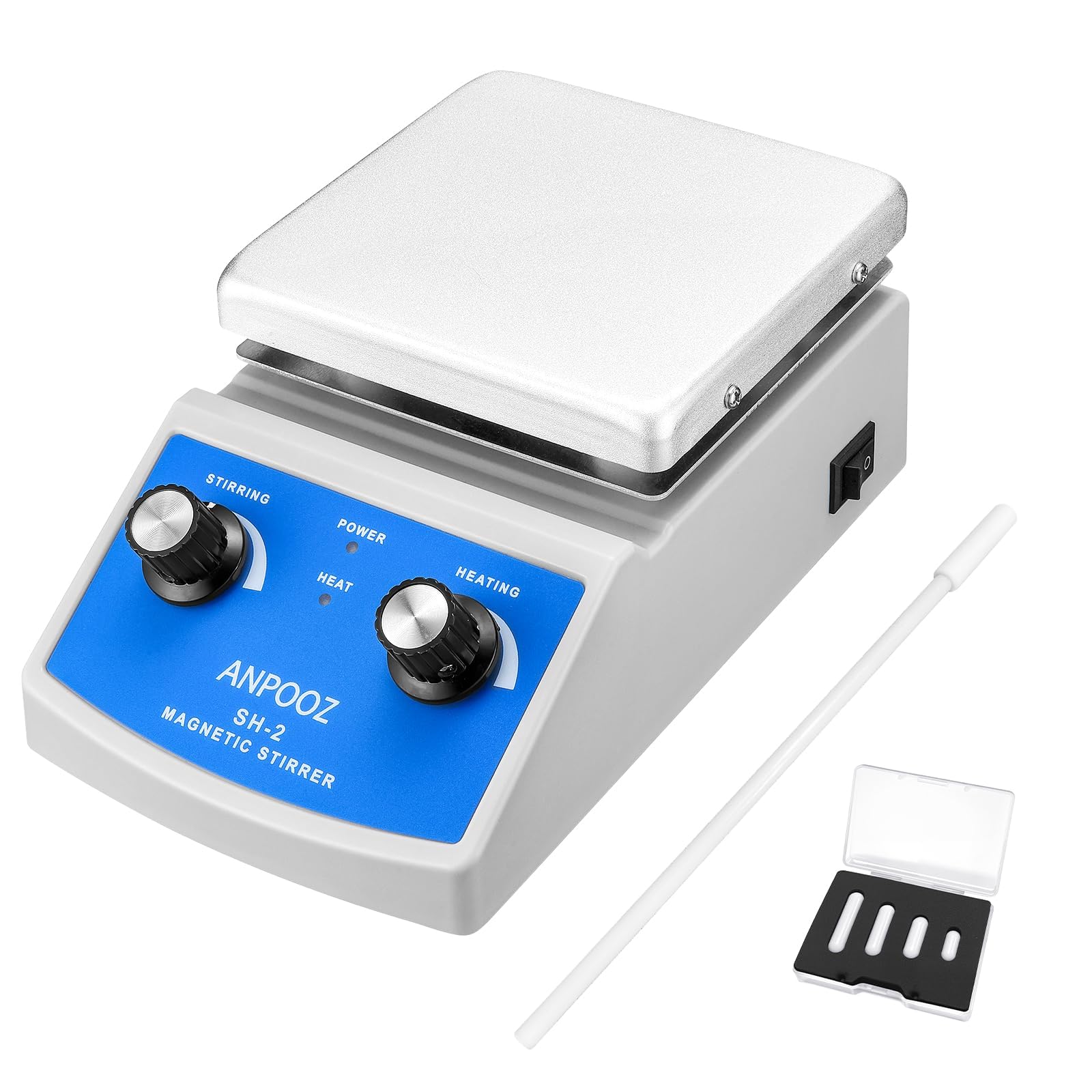 Agitatore magnetico con piastra riscaldante, potenza di riscaldamento regolabile e velocità di agitazione, asta di miscelazione e retriever inclusi, blu