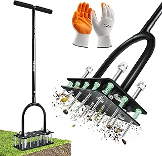 Saker Manual Lawn Aerator Tool with 15 Iron Spikes Adjustable Height, Do...