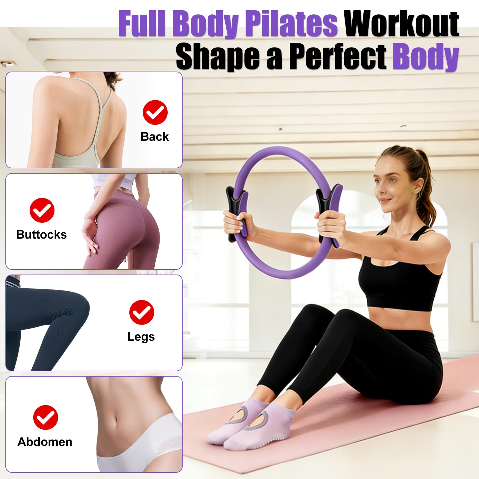 Roadtime Kit Pilates pour la maison, kit débutant de 13 pièces avec balle de yoga de 25 cm, cercle magique de 35 cm, 5 bandes de résistance, chaussettes de yoga, disques glissants, anneau de Pilates