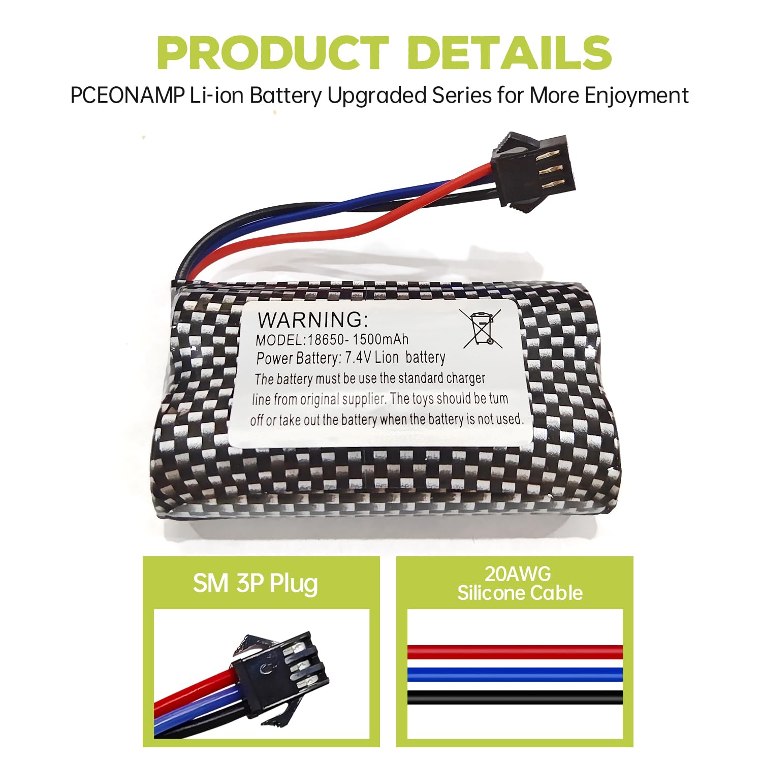 2PCS 7.4V 1500mAh SM-3P Plug Batterie & câble de Charge USB pour DE43 DE60 RC Racing RC Car Battery 1575 Dump Truck Construction Vehicle Toy Car