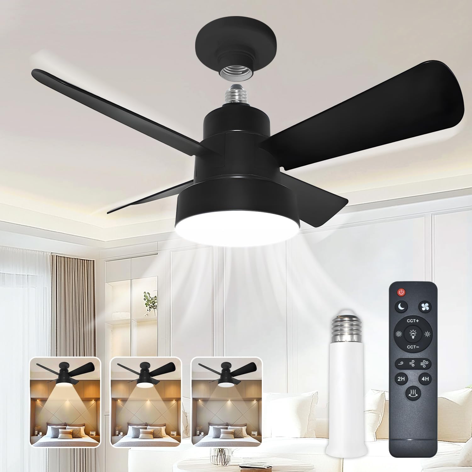 Socket Fan Light with Remote- Black- Dimmable LED Bulb- Screw in Ceiling Fan in Light Socket- for Bathroom Bedroom Kitchen Laundry