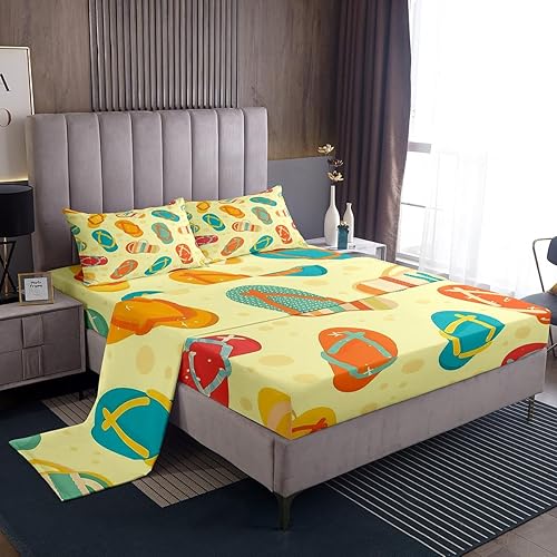 Miniatura 2 de Erosebridal Juego de sábanas para niños, tamaño Queen, sábanas costeras de playa, juego de ropa de cama de rayas abstractas amarillas, juego de