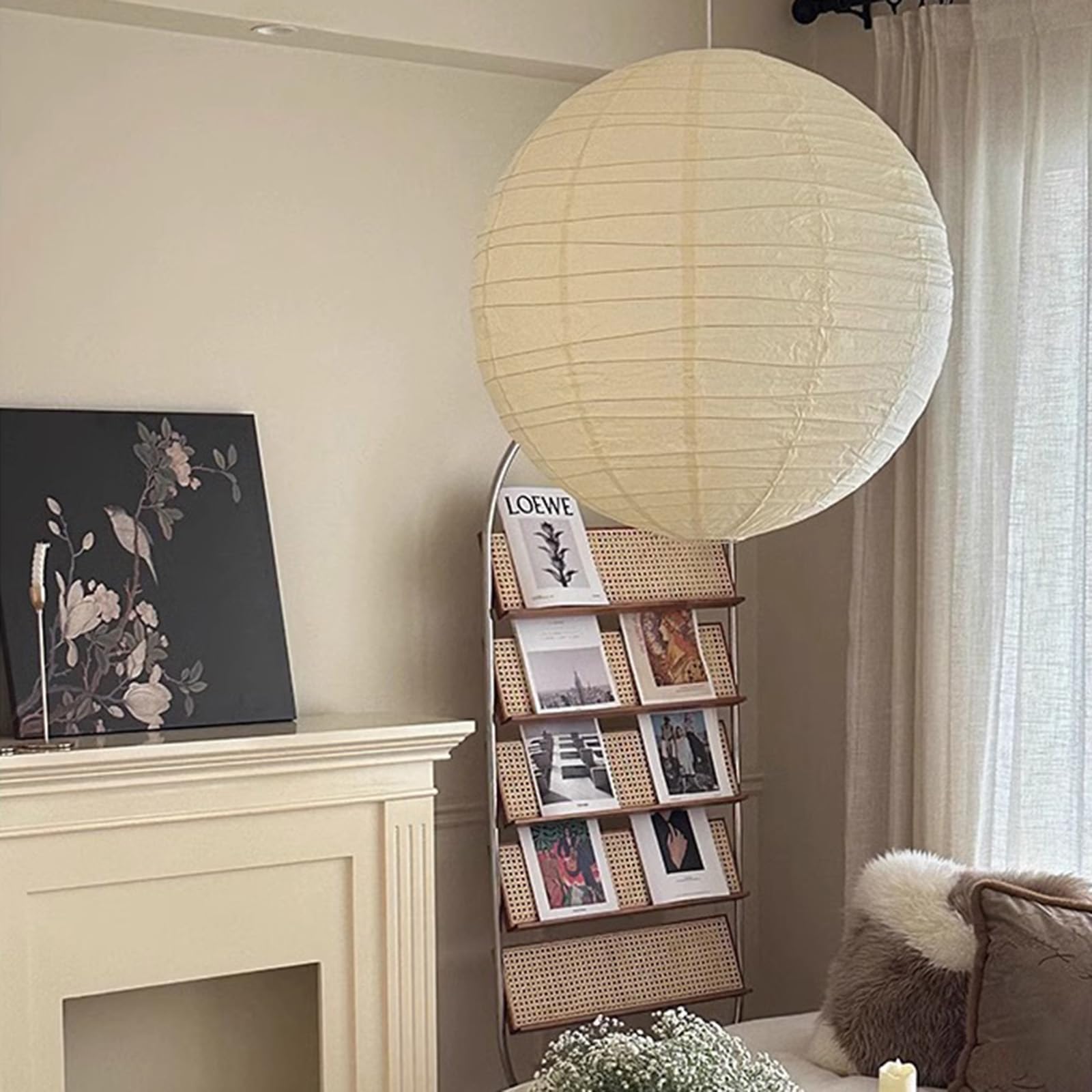Papier Ryżowy Kulisty Latarnia Styl Japoński Wabi-sabi Lampa Wisząca Nieregularny Bambus Lampy Wiszące Do Sypialni Salonu Gabinetu Kawiarni(75cm, 40W,3 Color Temperature)
