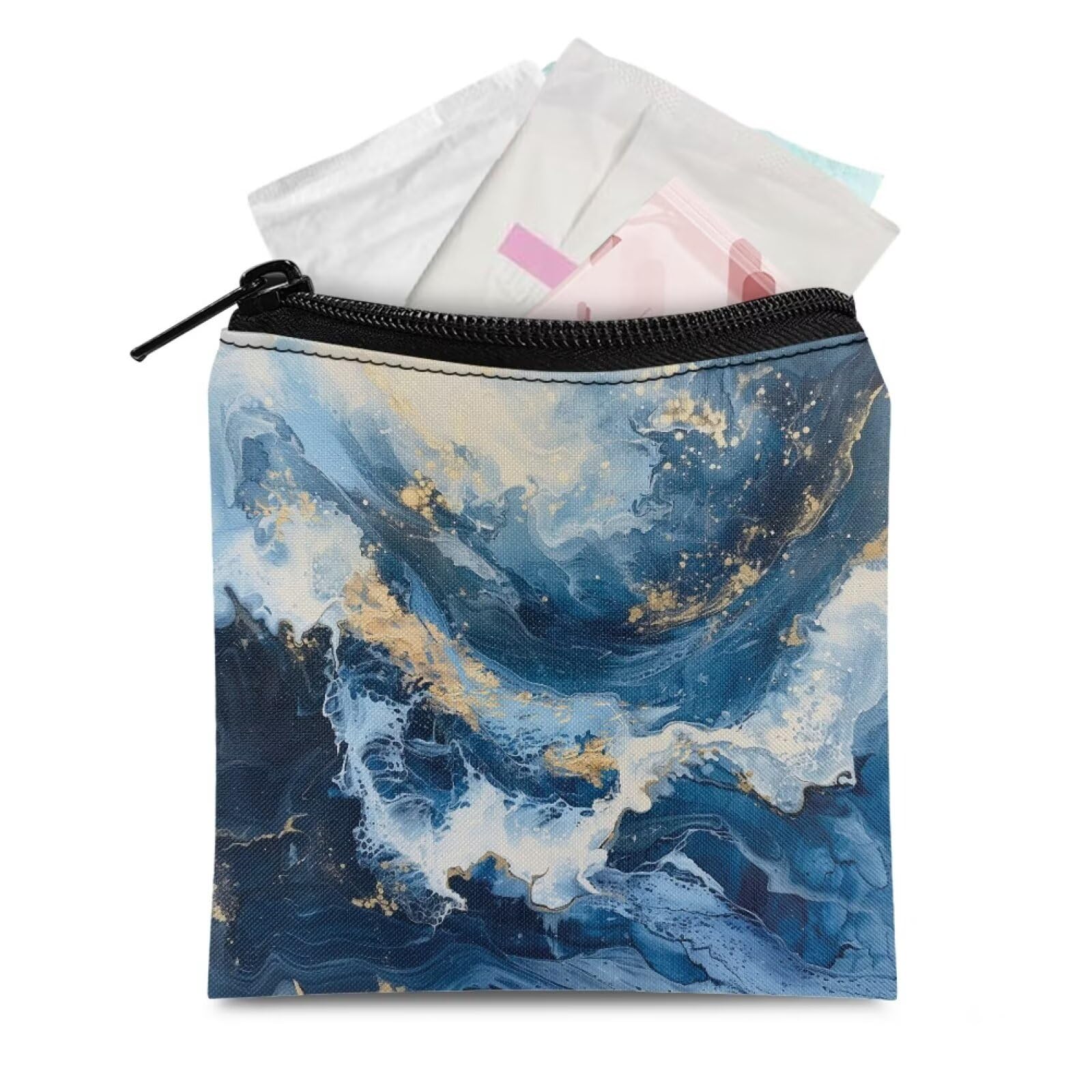 Blue Ink Marble Print Period Bag for Women Sanitary Napkin Storage Bag Small Tampon Holder for Purse Reusable