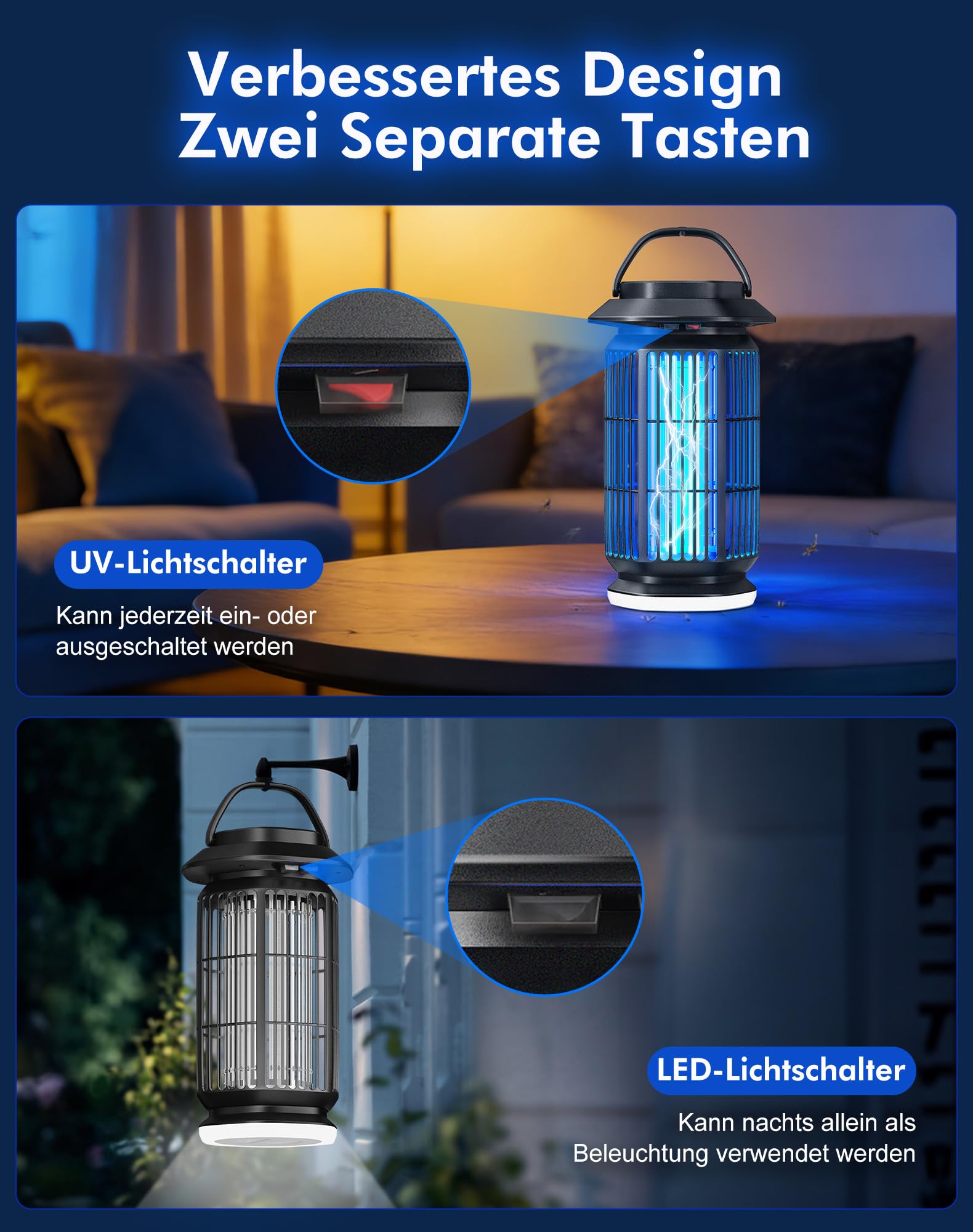 Insektenvernichter Elektrisch mit LED Licht, 4000V Mückenlampe Innen & Außen, 365nm UV Mückenfalle, IPX4 Wasserdicht, 100㎡ Abdeckung Fliegenfalle Lampe für Schlafzimmer, Balkon & Camping
