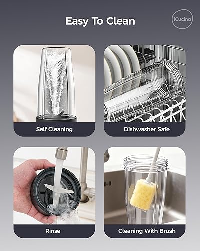Miniatura 9 de iCucina Licuadora de batidos, licuadora personal para batidos y batidos, tecnología de pulso de 700 W, licuadoras de una sola porción con 2 vasos
