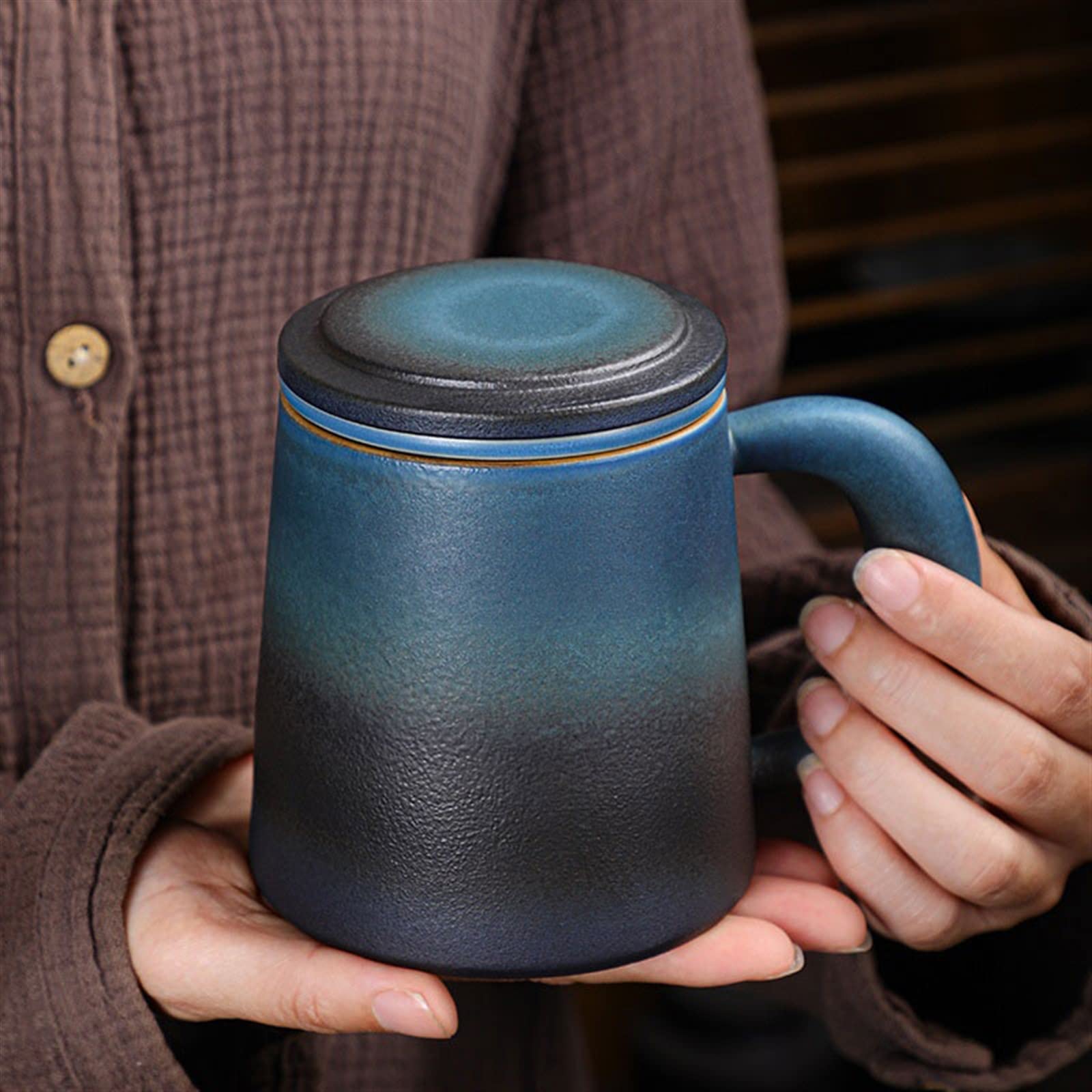 Mug Tasse en céramique 450ML Tasse à Boire de Grande capacité avec Couvercle et Filtre Tasse à thé Antique Tasse à thé (Color : Bruin)