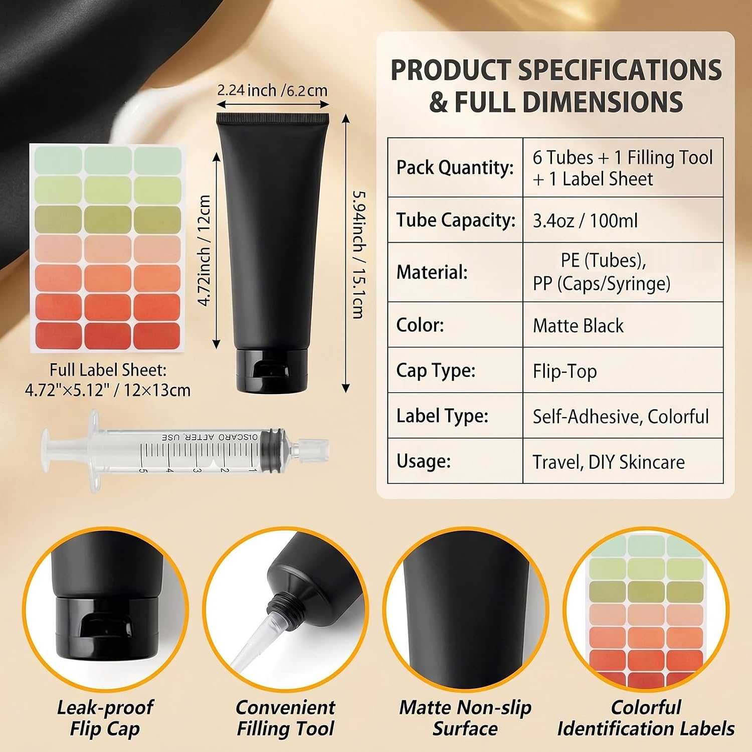6 Pcs 3.4oz Travel Black Flip Top Squeeze Tubes with Label&Bag image 2