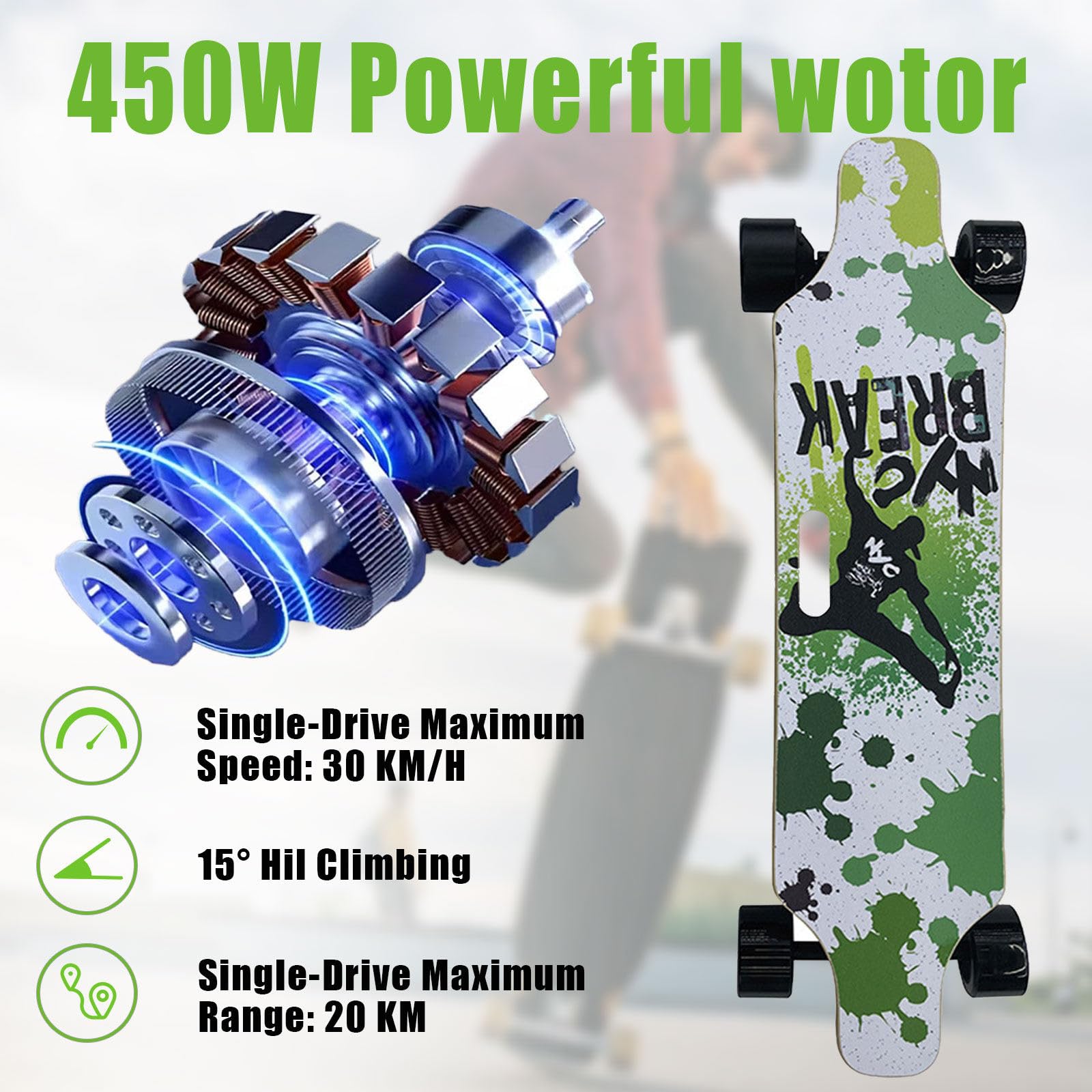 Skateboard électrique avec télécommande, Longboard, Moteur hub Simple/Dual, Vitesse maximale 22-40 km/h, Longboard électrique pour débutants et Adolescents Single-Drive-20km