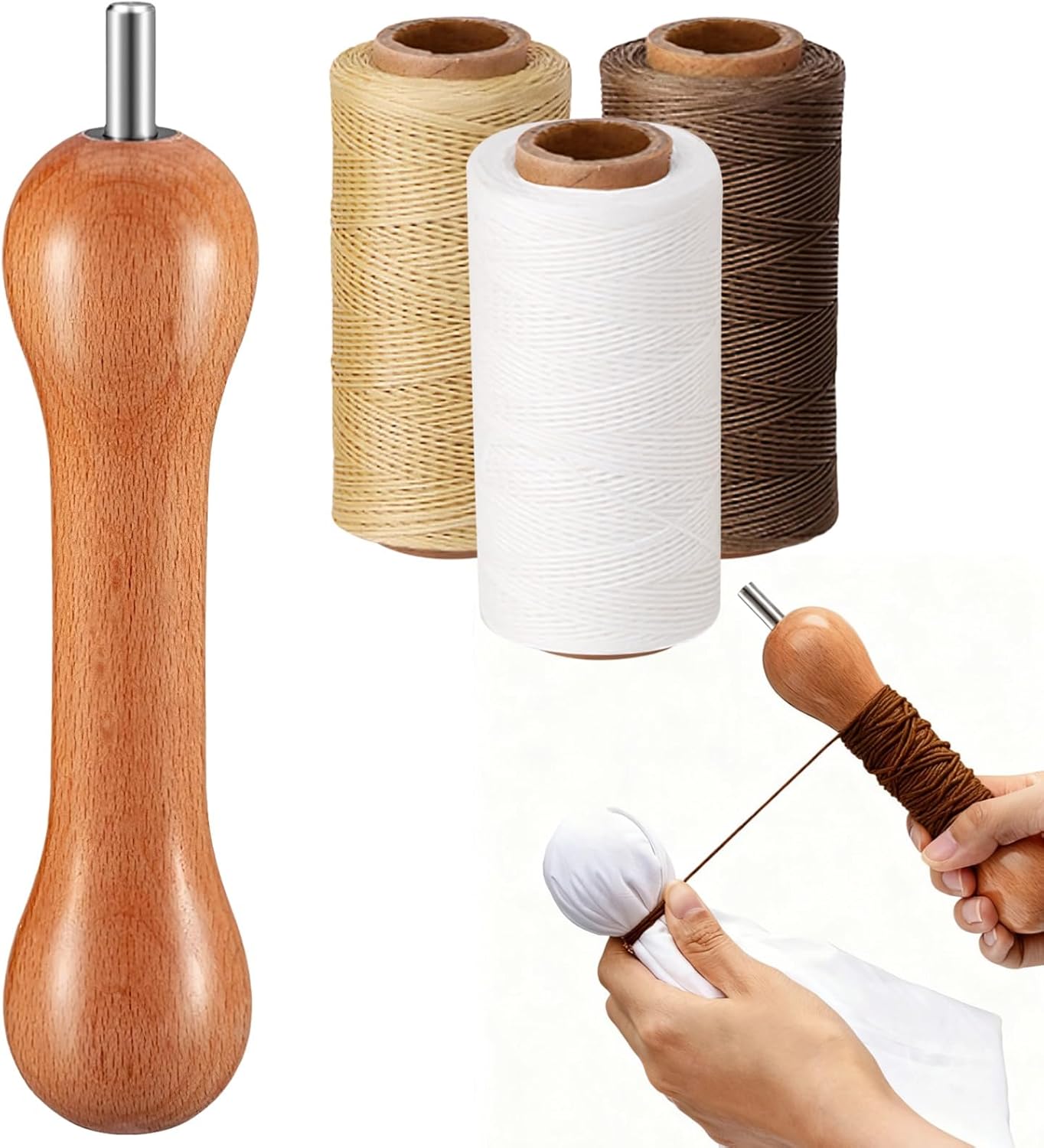 3 Pcs Wooden Thread Spool Set with Flat Waxed Thread, Includes White, Brown, Beige and 6 in Thread Winder, DIY Tie Dye Stretching Tools for Adult Beginner Clothing Design Staining Craft Textile Art