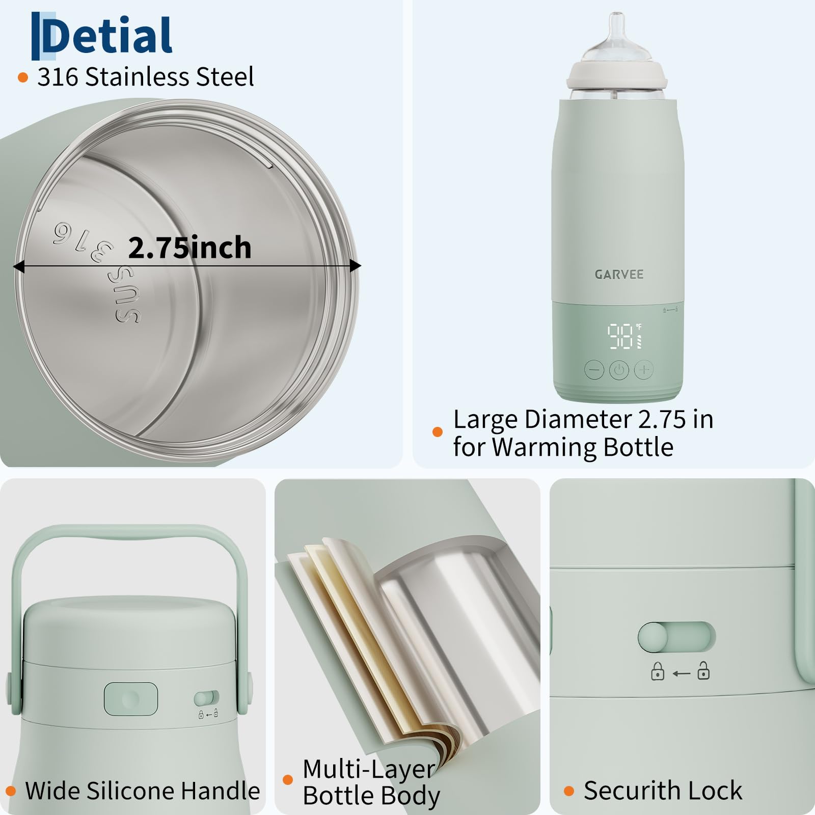 Chauffe Biberon Portable Sans Fil,Chauffe Biberon Nomade 500ml Bouteille Isotherme Acier Inoxydable 316 Base Détachable Plus Sûr Charge Rapide Autonomie Parfait Chauffe Lait Maternel