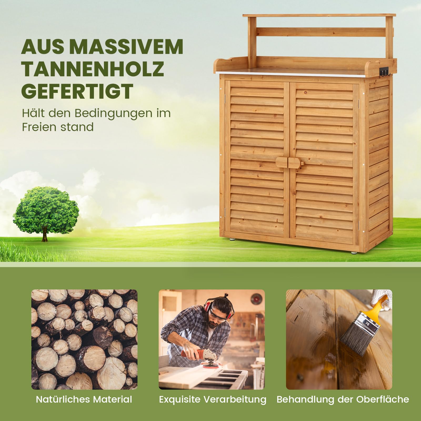 RELAX4LIFE Pflanztisch Outdoor, Gartentisch Holz mit Unterschrank & Verzinkter Arbeitsplatte & Abnehmbaren Regalen & Haken, Arbeitstisch wetterfest für Garten, Hof, Terrasse, 87 x 45 x 120 cm, Natur