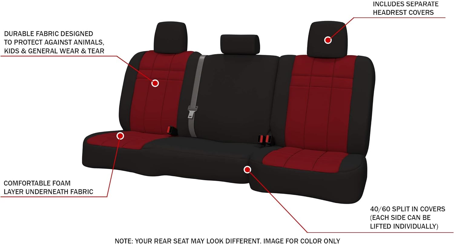 ShearComfort Rear SEAT Custom Neoprene-Style Seat Covers Compatible with Ford F150 (2015-2020) in Black w/Red for 60/40 Split Back and Bottom w/Pullout Arm and 3 Adjustable Headrests (Super Crew)