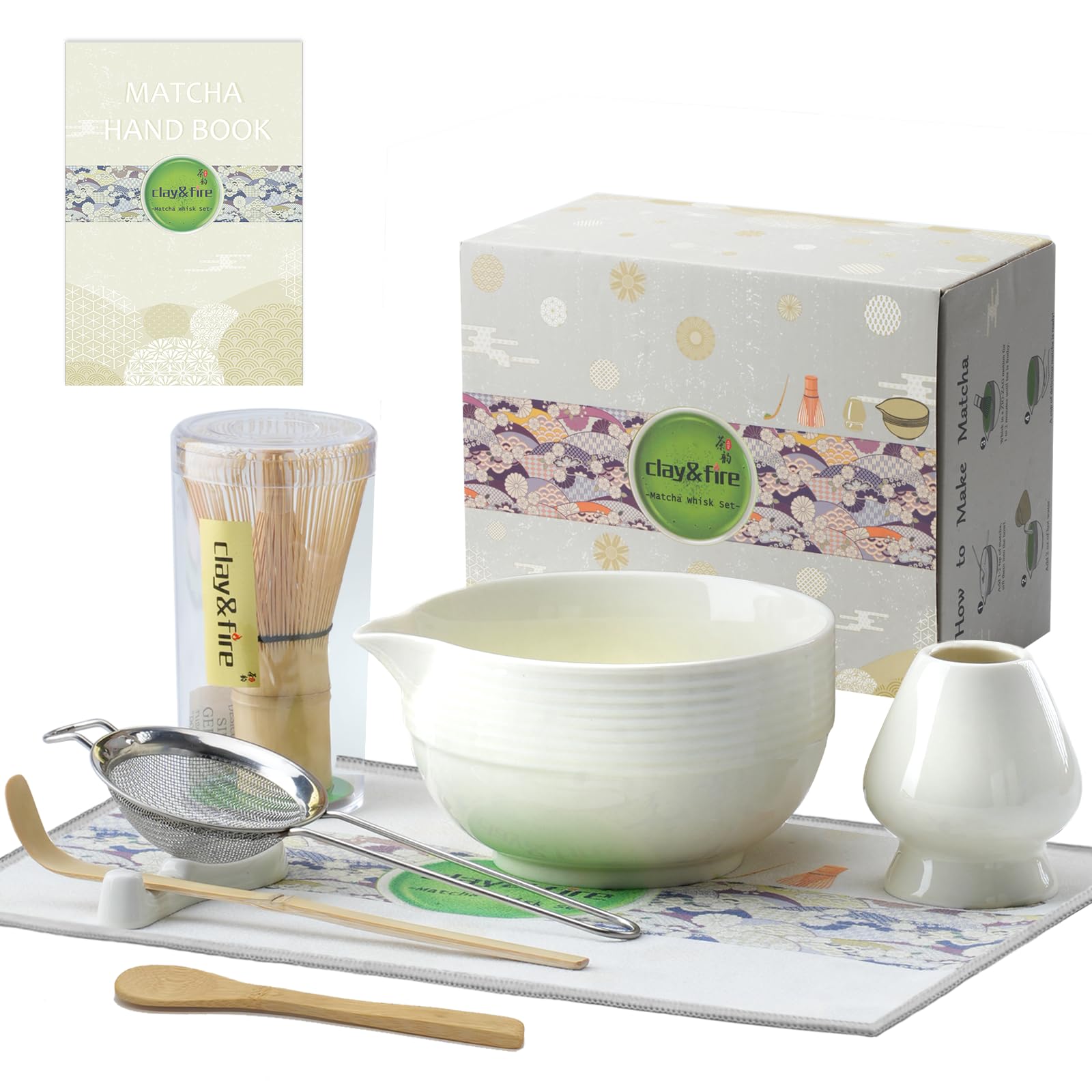 Clay&Fire Matcha Set, 9 Teiliges Matcha Besen Set - Bambus Matcha Whisk, Matcha Schale mit Auslauf, Japanisches Matcha Kit für Matcha-Liebhaber, Weihnachtsgeschenke,Geschenk (Streifen Weiß)