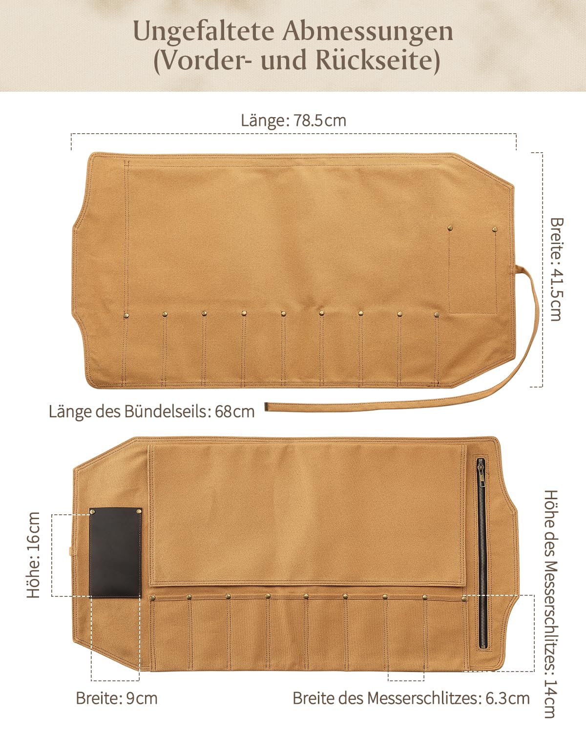 XINZUO Messertasche 78,5cmx41,5cm, Profi Koch Rolltasche, Universal Etui für Koch 8 Slots, 16oz verdickte Leinwand, können Küchenwerkzeuge halten, tragbare Messer-Werkzeugtasche (nur Tasche)