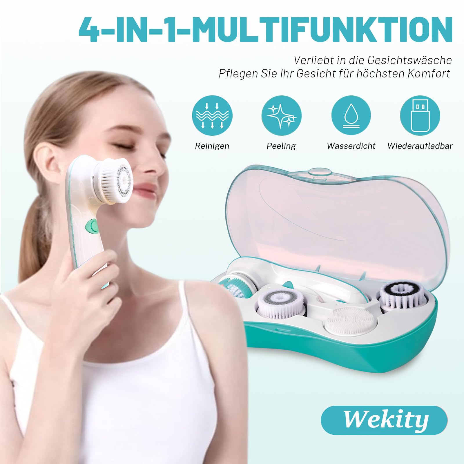 Elektryczna szczotka do twarzy 4 w 1, głębokie oczyszczanie, wodoszczelna IPX6, szczotka do oczyszczania twarzy z 4 głowicami i pudełkiem do przechowywania, 2-stopniowa rotacja, wszystkie rodzaje
