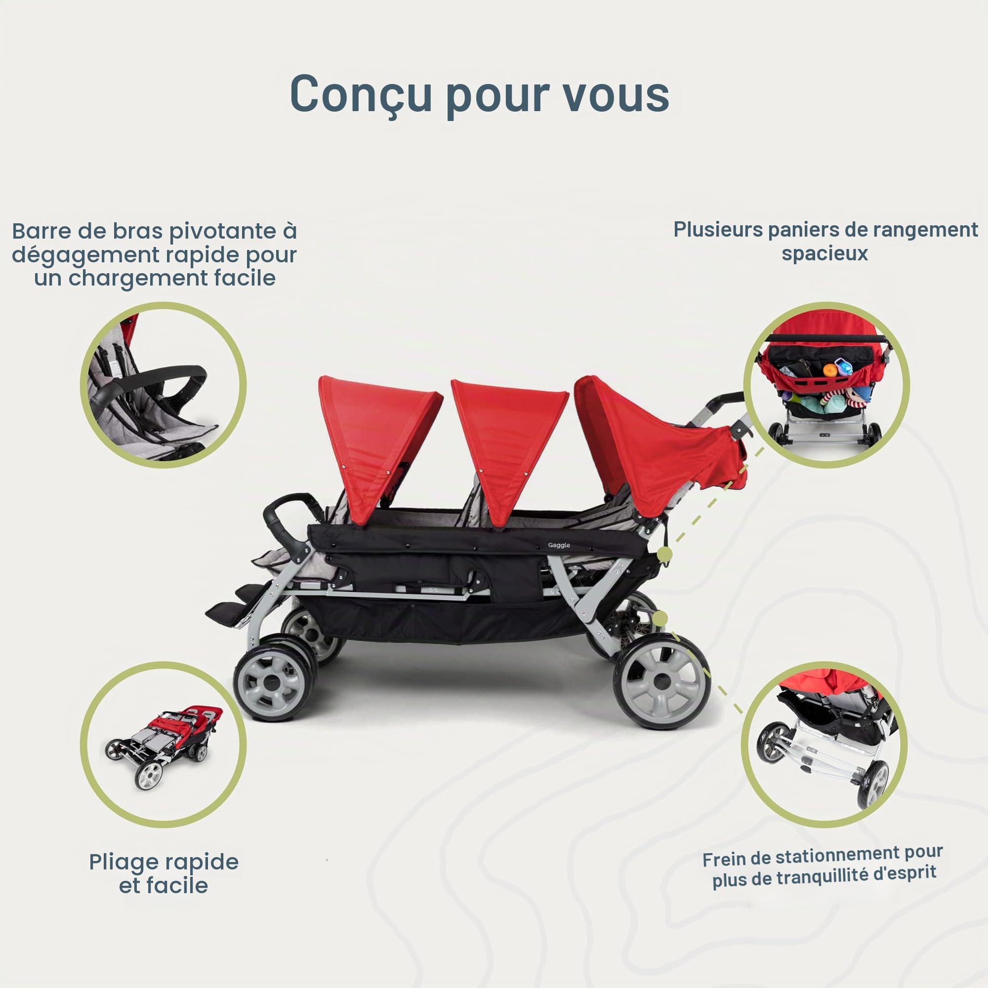 Gaggle Poussette multi-enfants Jamboree 6 places de Foundations avec auvents anti-UV, sièges inclinables, harnais de sécurité à 5 points, pliage compact pour garderies, parcs et voyages, noir