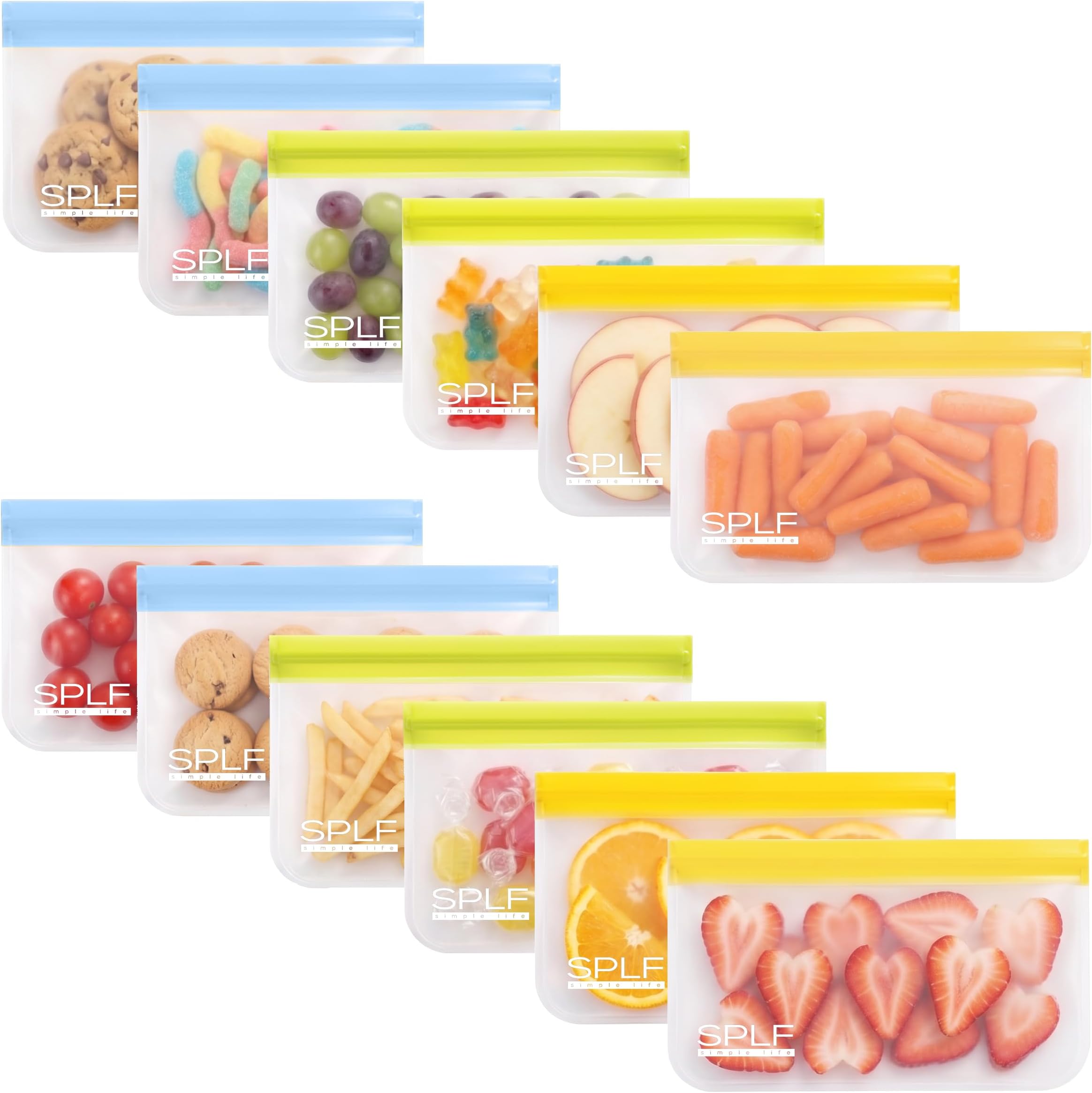 SPLF 12 Pack Dishwasher Safe Reusable Snack Bags, BPA Free Storage Bags, Extra Thick Leakproof Freezer Bags Silicone and Plastic Free Lunch Bags Food Storage