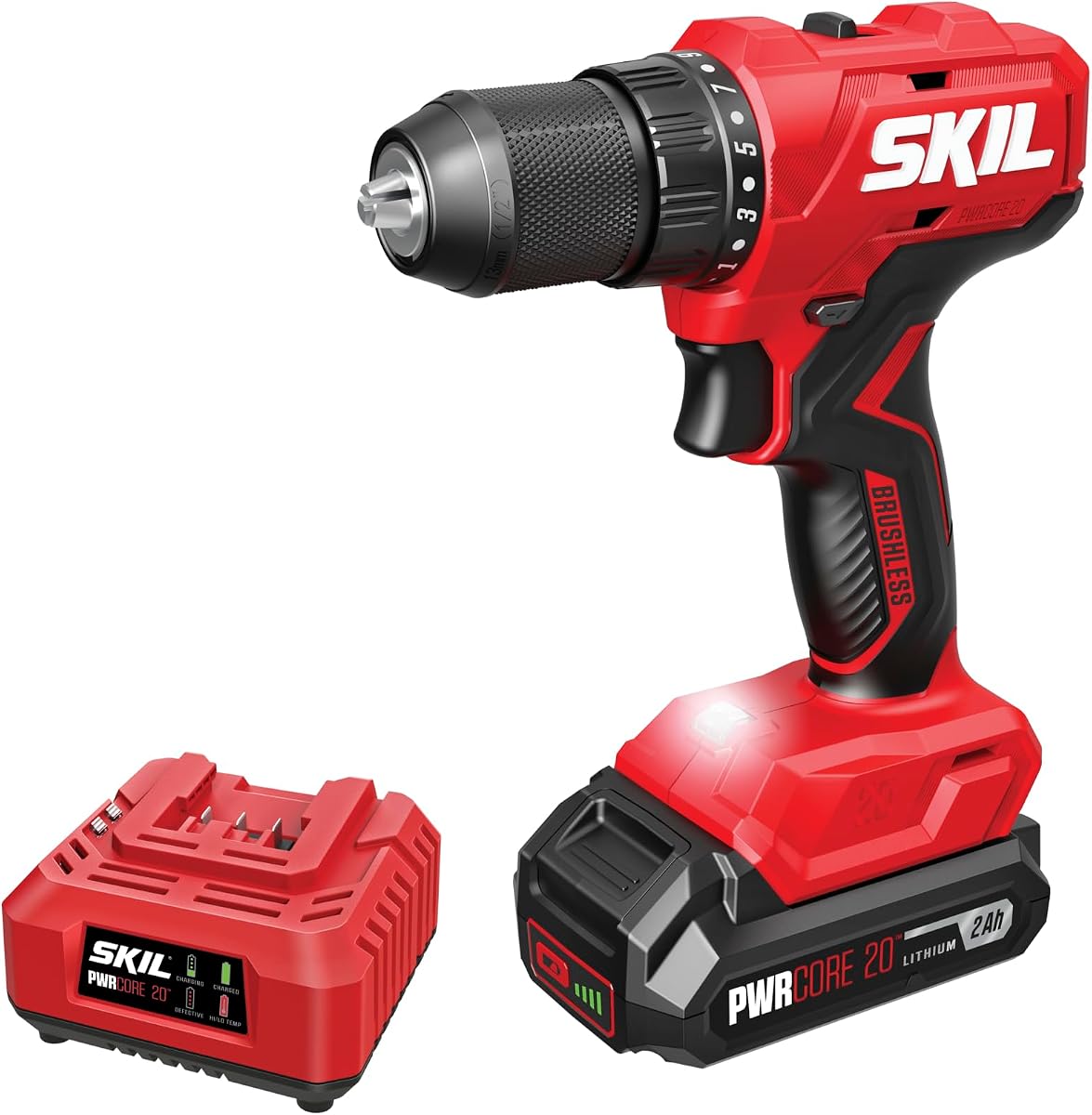 SKIL PWR CORE 20 Brushless 20V 1/2-Inch Drill Driver Kit, Includes 2.0 Ah Battery and Charger - DL6280B-10