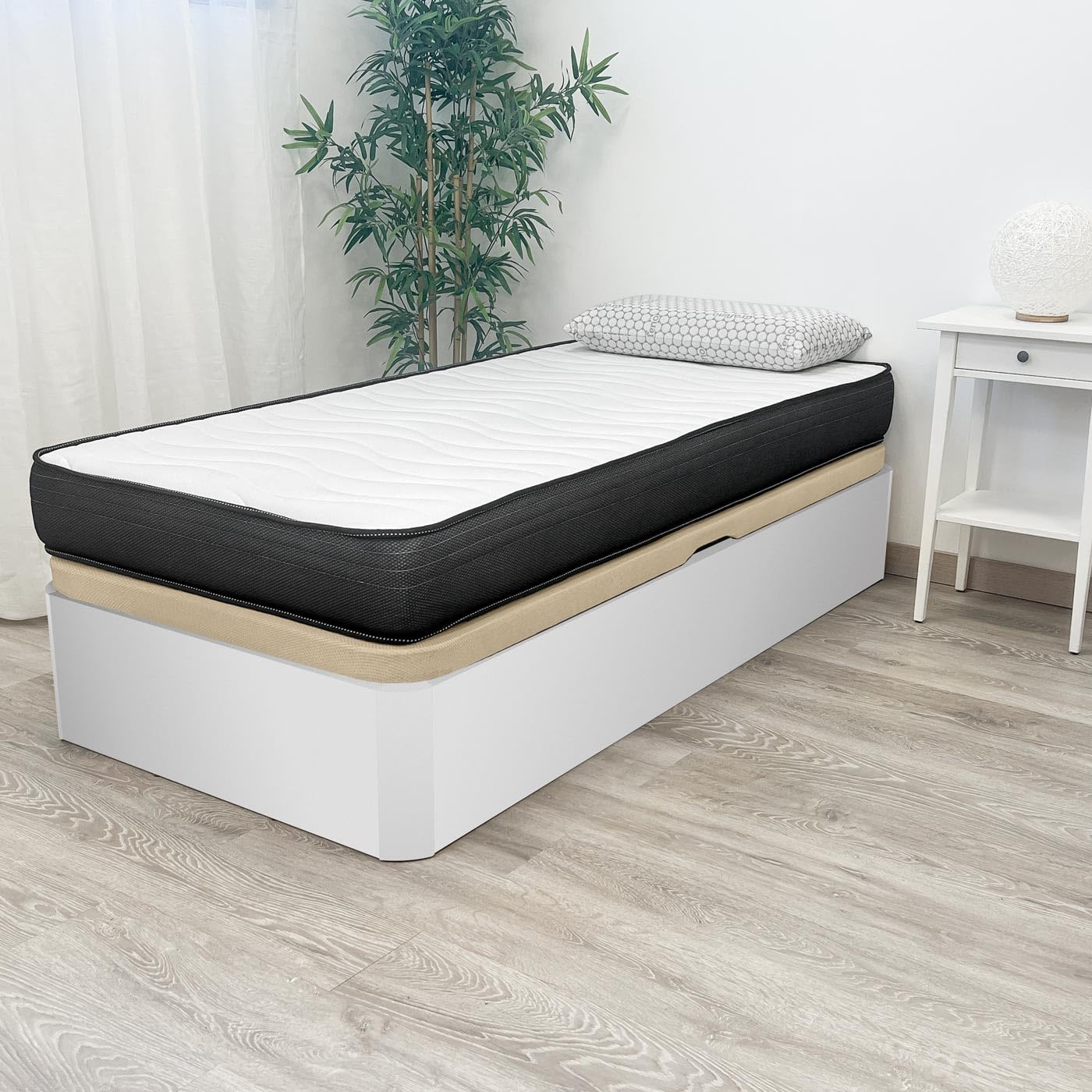 DUÉRMETE ONLINE - Canapé Abatible de Madera Súper Reforzado Gran Capacidad con Apertura Lateral, Transpirable y Resistente, Esquinas Redondeadas, 90 x 200, Blanco