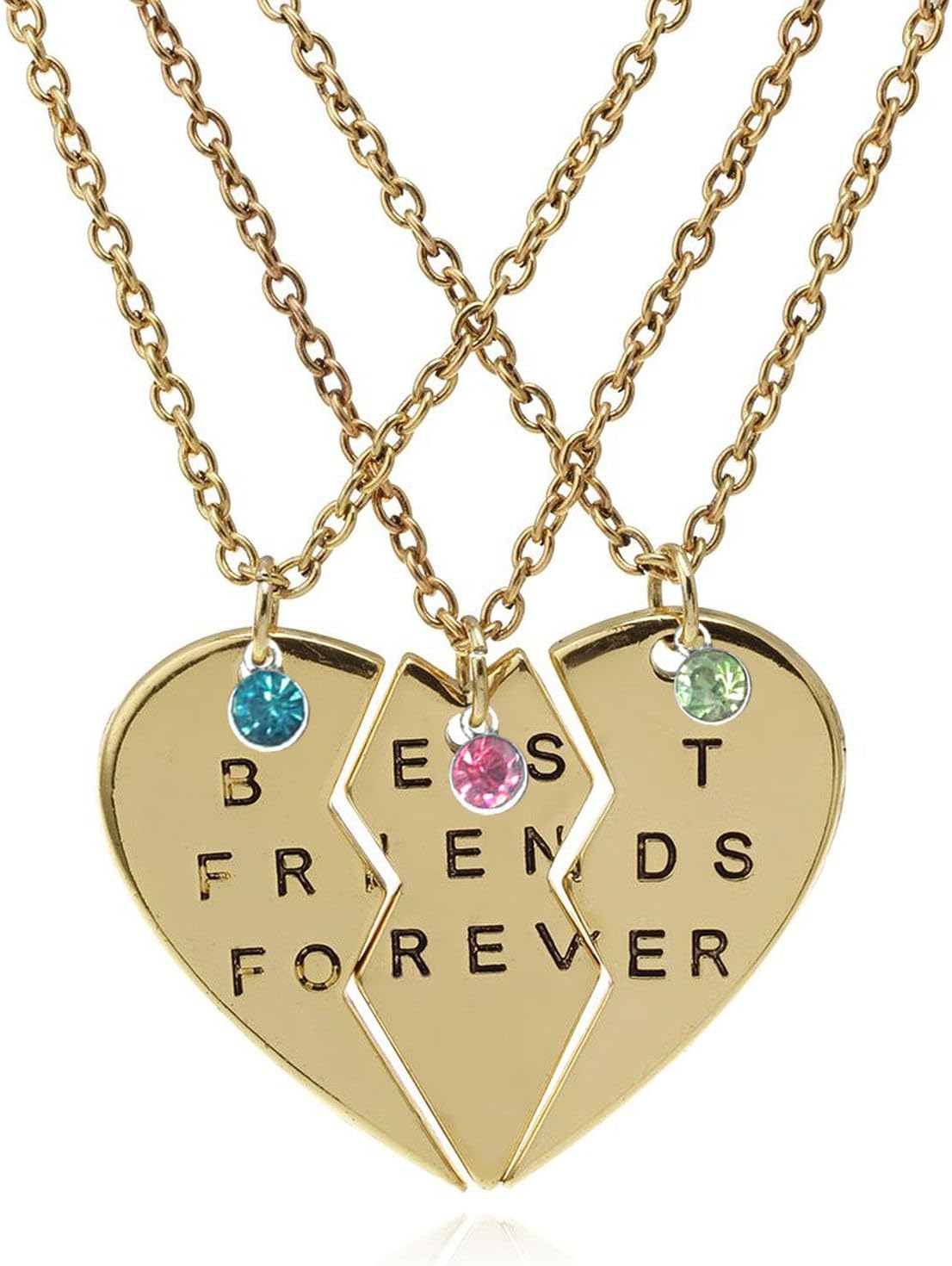 TISDA Best Friends Forever Set of three Necklaces with Shiny crystal on Puzzle Heart Pendants