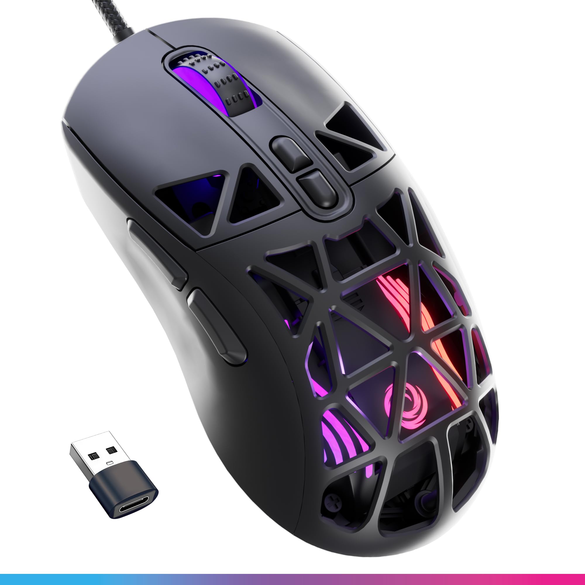 Oniverse Kryo Gaming Mouse High Performance Wired LED Optical Sensor 12800 DPI Ultra Light Polling Rate 1000Hz 7 Programmable Buttons for PC/Mac/PS5/PS4 - Kryo (Nocta Black)