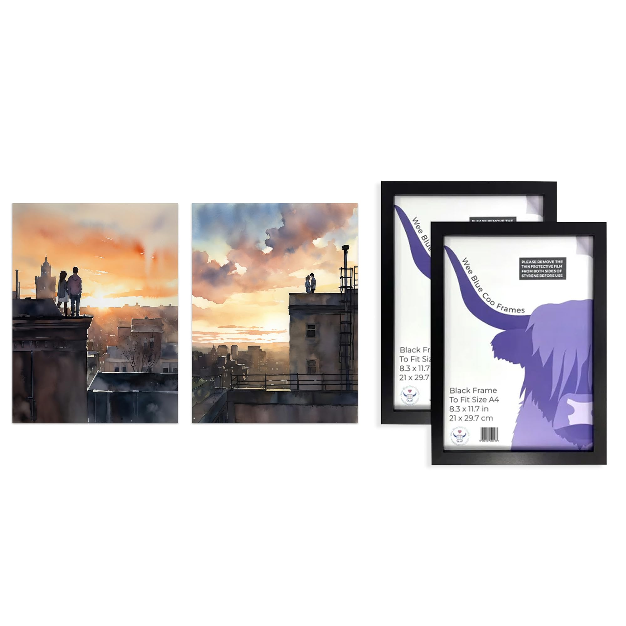 Artery8 Rooftop Romance Wall Art - Set of 2 A4 Sized Art with Black Frames - Watercolour Cityscape Bedroom Décor