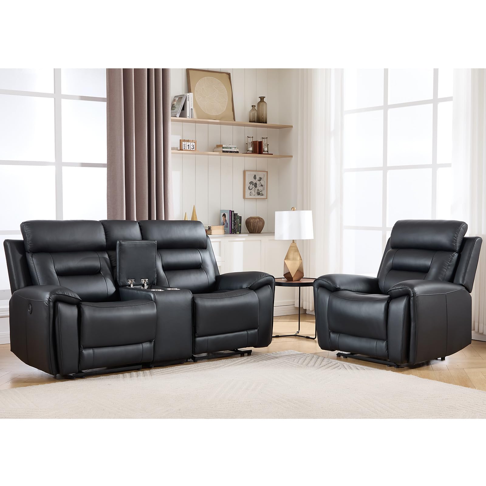ANJ 2-Piece PU Leather Recliner Sofa Set with Charging Port, Include Single Power Recliner Chair and Electric 2-Seater Loveseat Reclining Couch with Hidden Storage &amp; Cup Holders for Living Room, Black