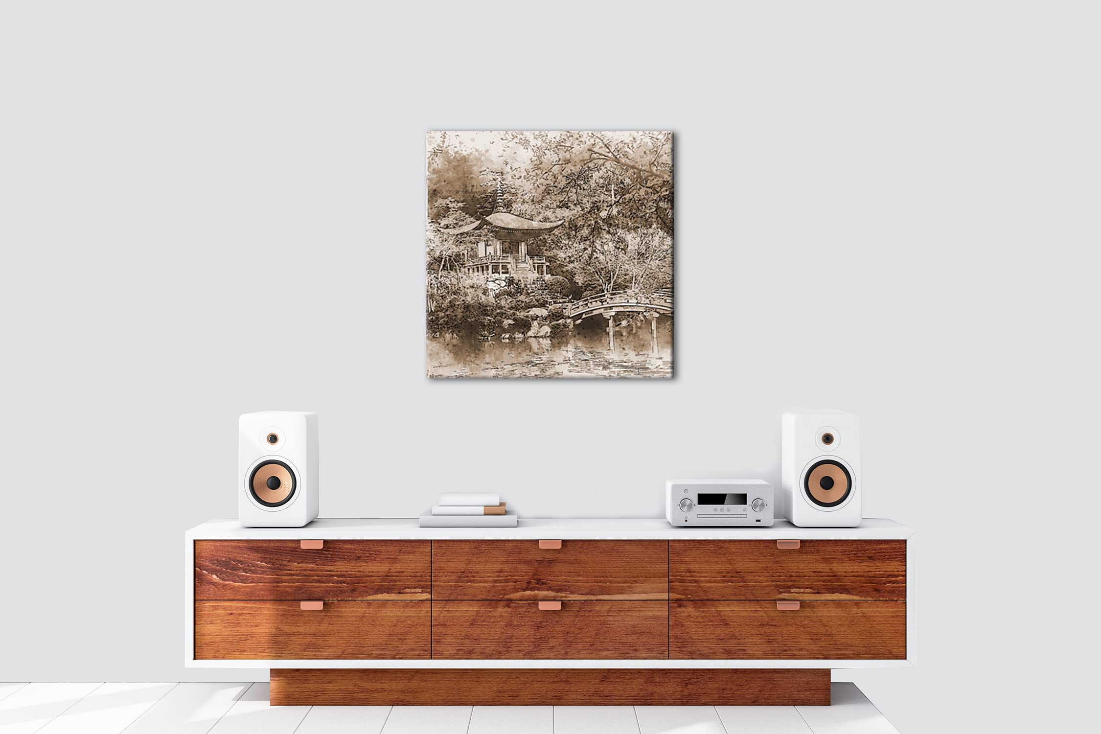 Effet jardin japonais traditionnel : sépia, format : 70 x 70 cm, motif monté sur cadre en bois véritable, impression numérique de haute qualité, pas de poster ni d'affiche.