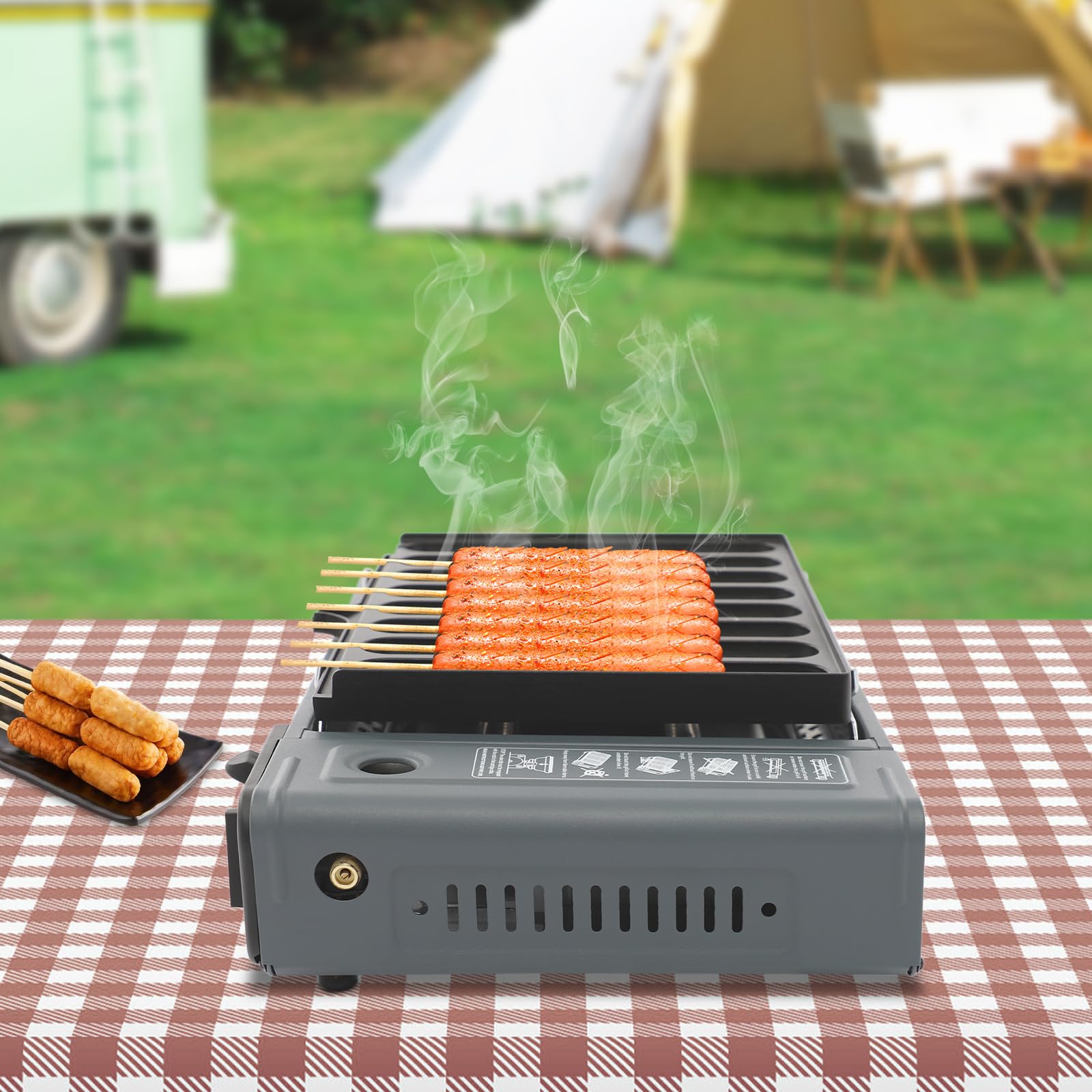Hornillo de butano portátil para camping con encendido piezoeléctrico y bolsa de transporte, 2200 W, con seguridad contra sobrepresión, para exteriores, picnic, jardín y autocaravana