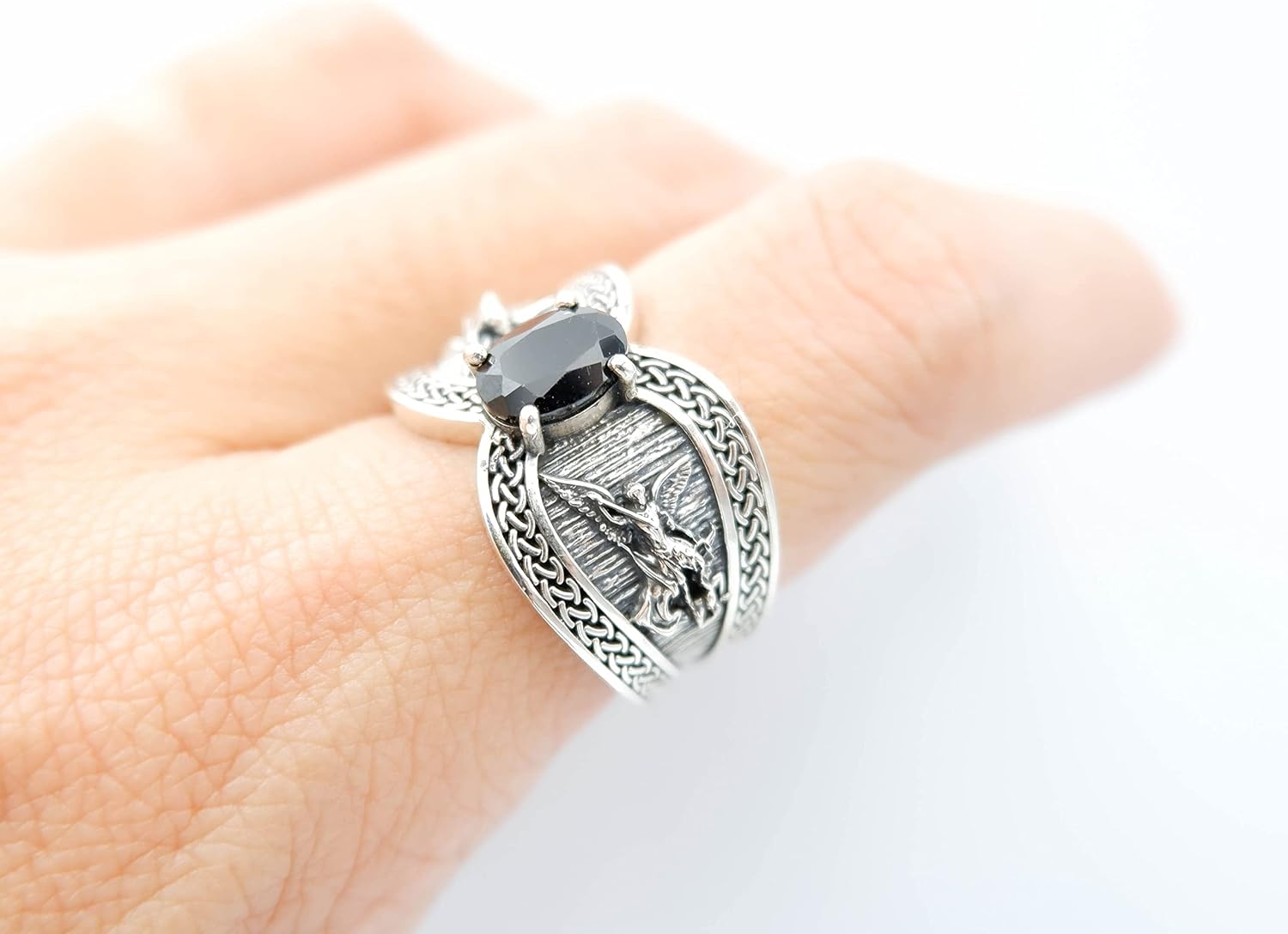 925 Sterling Silver Onyx Saint Michael Catholic Protector Amulet Rings for Men and Women