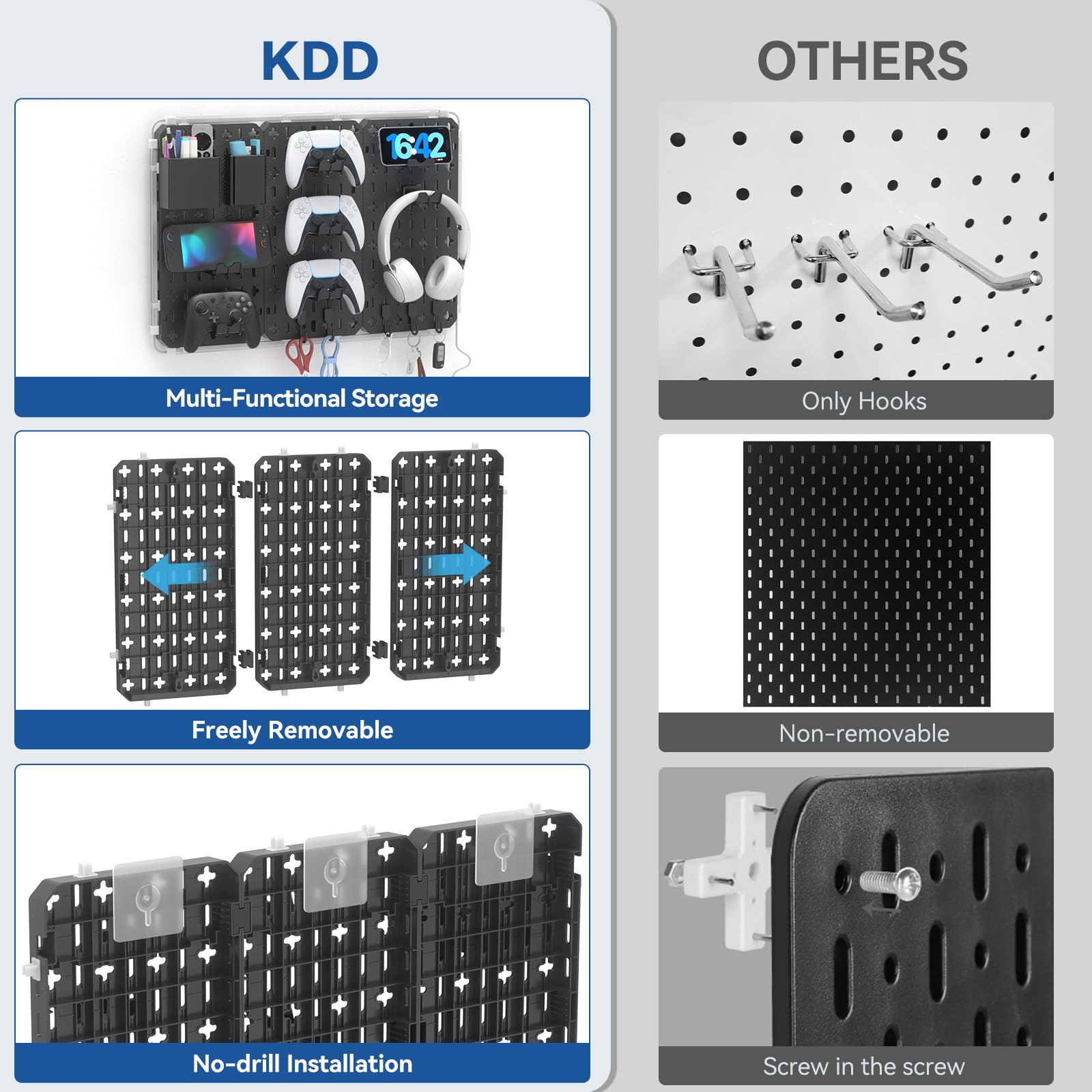 KDD Organizer da Parete Peg Board - Accessori per Pannello Forato 7 in 1 con Strisce LED, Kit Combinato con Supporto per Telefono/Portapenne/Contenitore/Supporto per Cuffie e Controller/Ganci