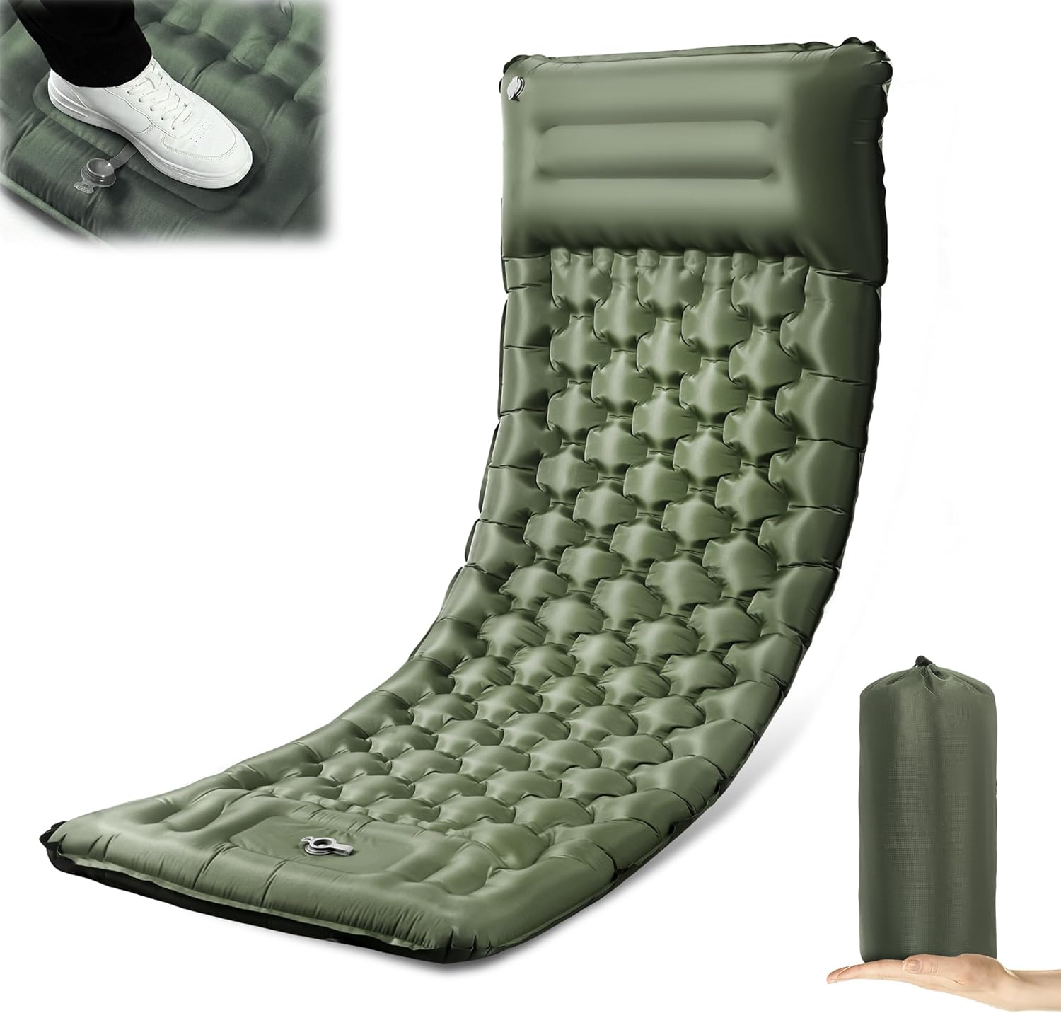 Camping Sleeping Pad, 4.7" Extra-Thick Camping Mattress with Pillow, Built-in Foot Pump Ultralight Inflatable Sleeping Pads for Camping Hiking Backpacking Traveling Tent, Military Green, Single