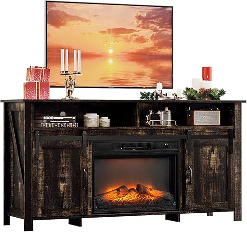 Miniatura 8 de VINGLI Soporte de TV con chimenea con puerta corrediza de granero para TV de 70 pulgadas, centro de entretenimiento de granja con chimenea de 23