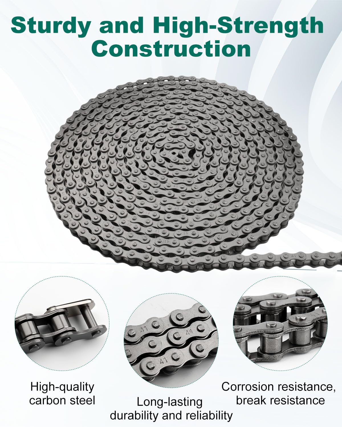 #41 Roller Chain for Gate Openers 20 Feet Carbon Steel Chains, for Extension Sliding Automatic Gate Opener Garage Door Bike Go Kart Chain - Image 3