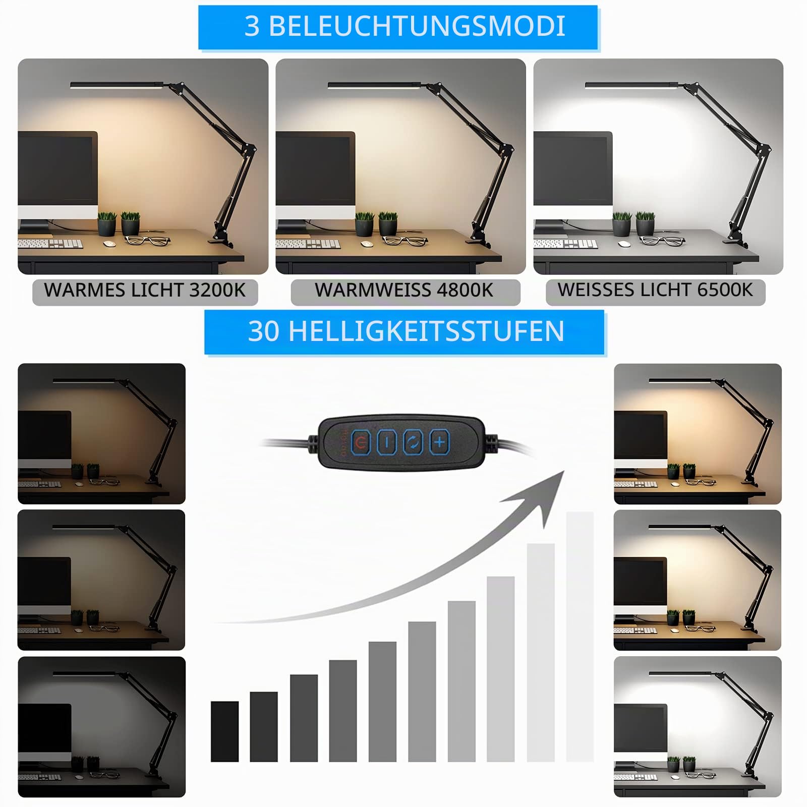 SKYLEO Schreibtischlampe Dimmbar - Desk Lamp mit Clip - Augenschutz Schreibtischleuchte - 3 Lichtmodi x 10 Helligkeitsstufen - Schwarz