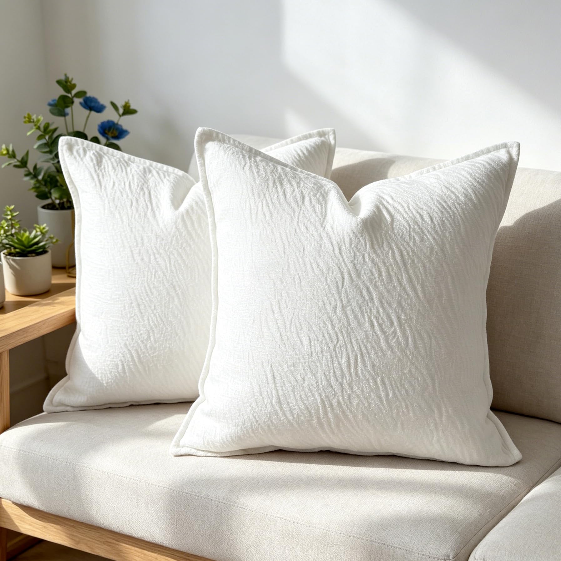 OYIMUA Chenille Throw Pillow Covers 18x18 Christmas White Set of 2,Neutral Textured Square Decorative Pillow Covers Accent for Couch Sofa Bedroom Living Room