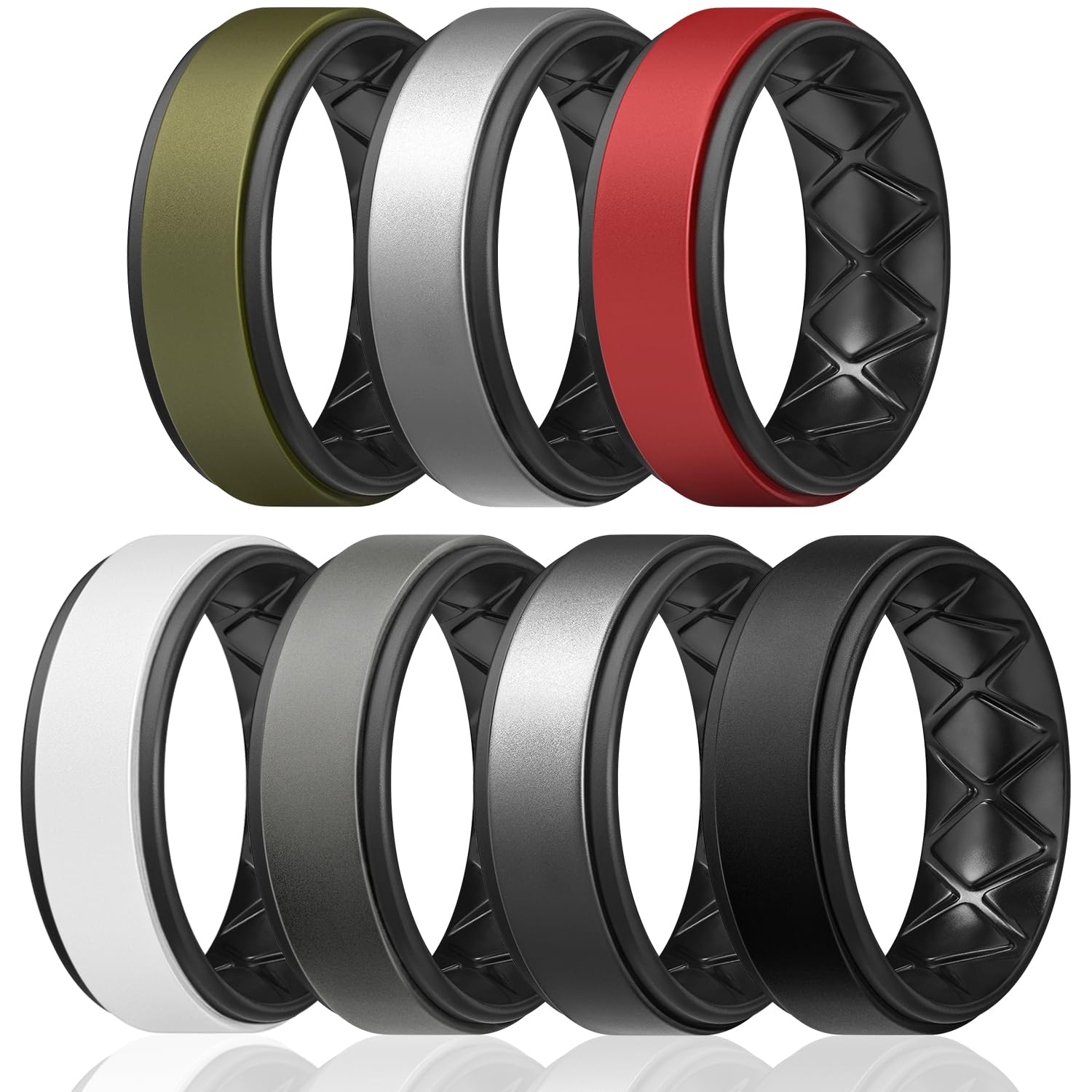 Egnaro Silicone Rings for Men 1/4/5/6/7 Multipack of Breathable Mens Silicone Rubber Wedding Rings Bands - Step Edge