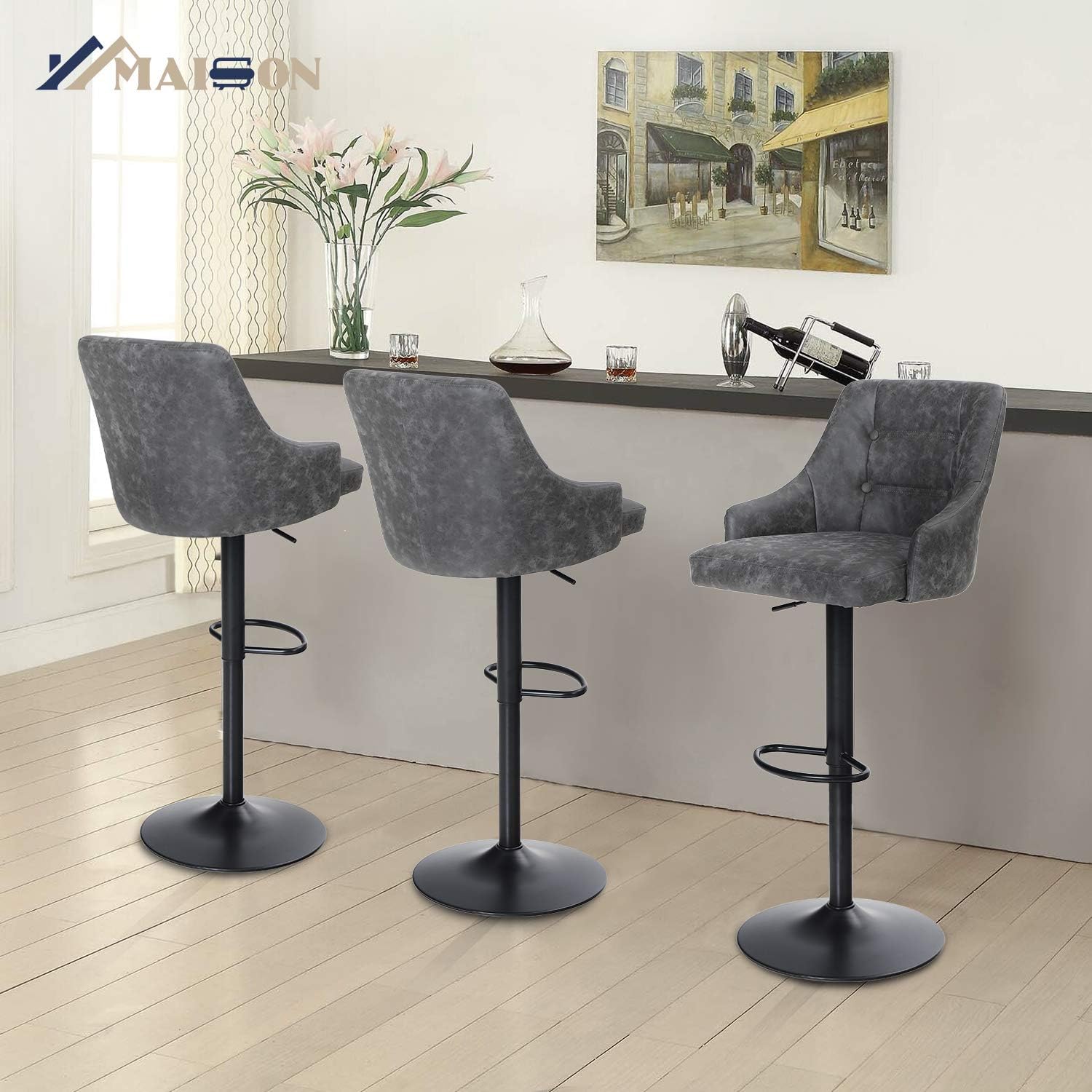 Buy Maison Adjustable Swivel Bar Stool With Back For Kitchen Counter Padded Counter Height Faux Leather Bar Chair With Heavy Duty Base For Pub Cafe Dining