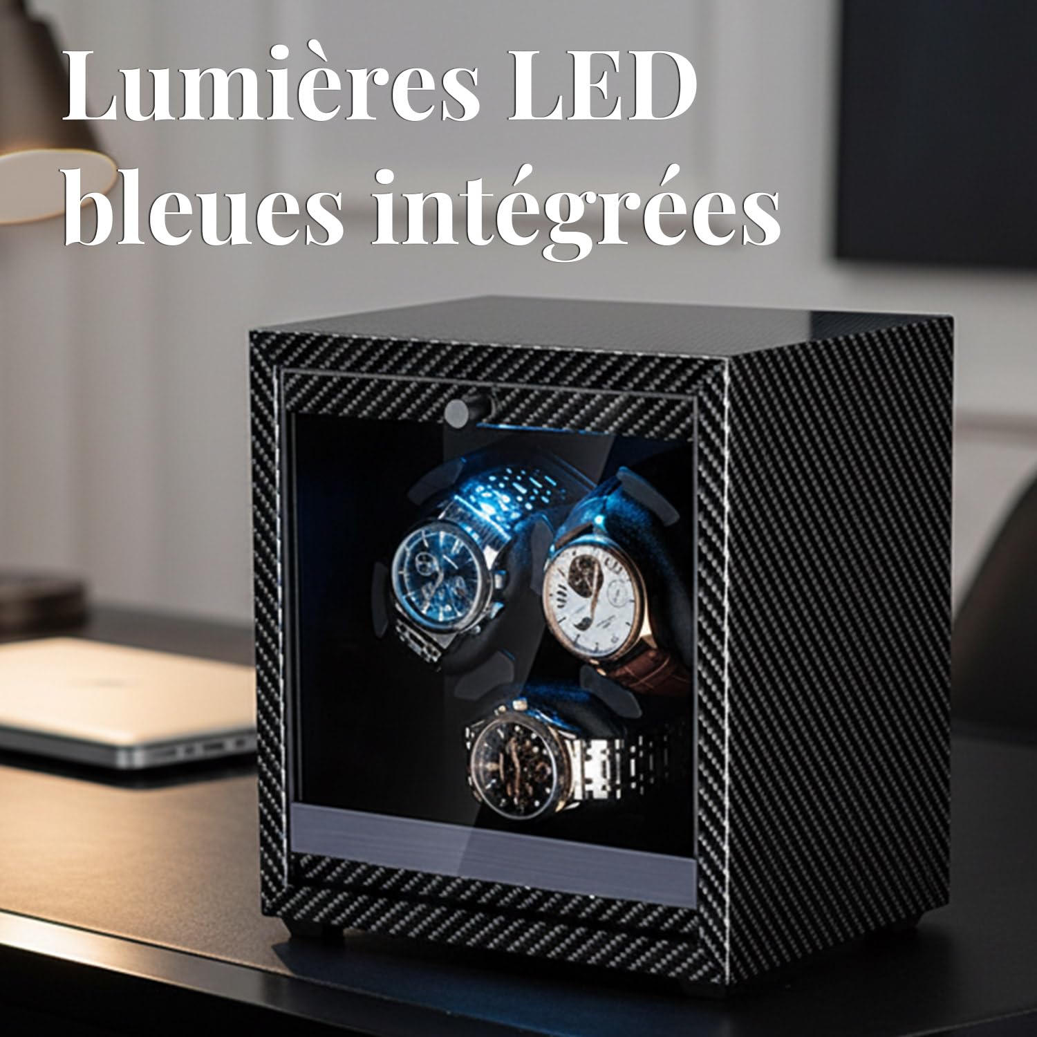 Mcbazel Boîte Remontoir Automatique Ultra Silencieux, 4 Modes de Rotation avec Lumière LED Bleue, Montre Programmable pour 3 Montres, Boîte de Rangement Alimentée par USB avec Oreillers en Mousse