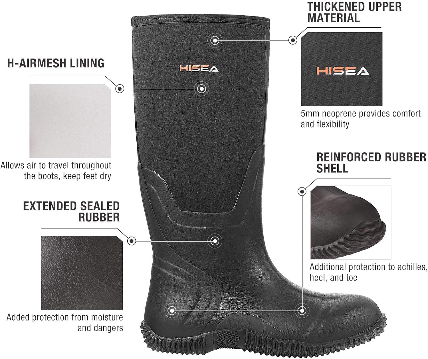  | Hisea Men's Rain Boots Waterproof Durable Insulated Rubber Neoprene Outdoor Muck Hunting Boots for Winter Snow Arctic | Rain