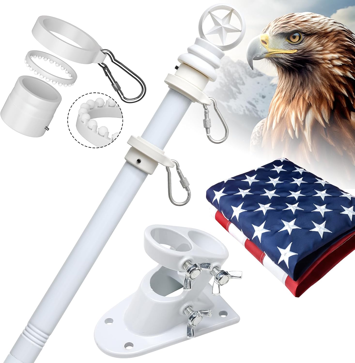 American Flag with Pole Kit - 6ft Stainless Steel Flagpole for Outside House,3x5 Embroidered US Flags,Tangle-Free Outdoor, Metal Holder Mount Bracket for Residential Porch,Wall,Roof,Garage -White