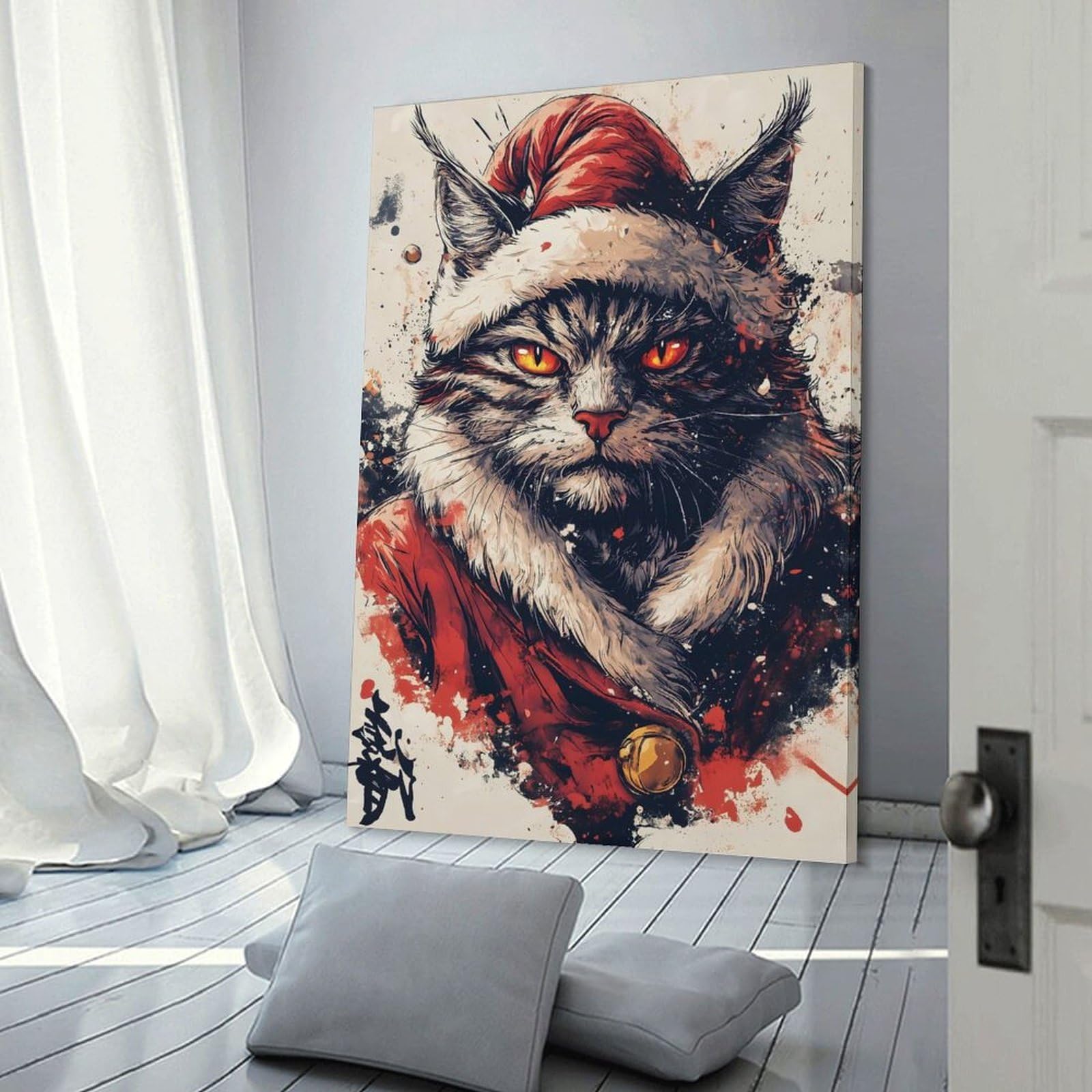 Junmoney Canvas Art Print Christmas Mysterious Cat Portrait with Santa Hat, 24x36inch(60x90cm), for Office, Study Or Home Workspace, Home Office Artwork with Decorative Appeal