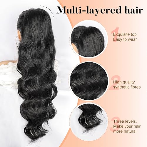 Miniatura 5 de Vigorous Extensión de cola de caballo, extensión de cola de caballo negra de 26 pulgadas para mujer, extensión de cabello sintético largo ondulado