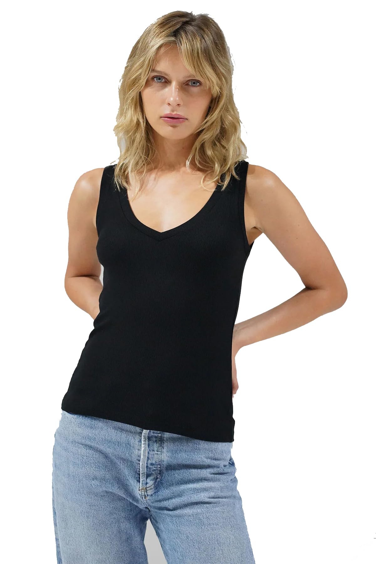 V Neck Sleeveless 100% Cotton Rib Tank Top-image-19