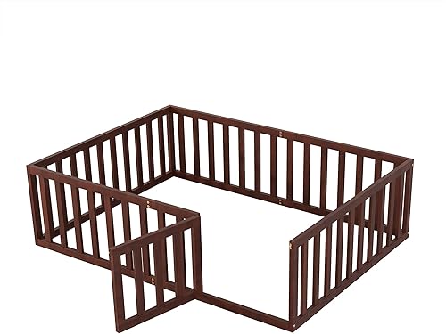Miniatura 5 de Harper & Bright Designs Cama de suelo de tamaño matrimonial para niños, marco de cama Montessori con barandillas y puerta, cama de piso de madera