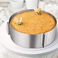 Vista 2 de Patelai Molde para anillos de pastel de 6 a 12 pulgadas de acero inoxidable ajustable con collares, tiras transparentes de 4 x 394 pulgadas, rollos