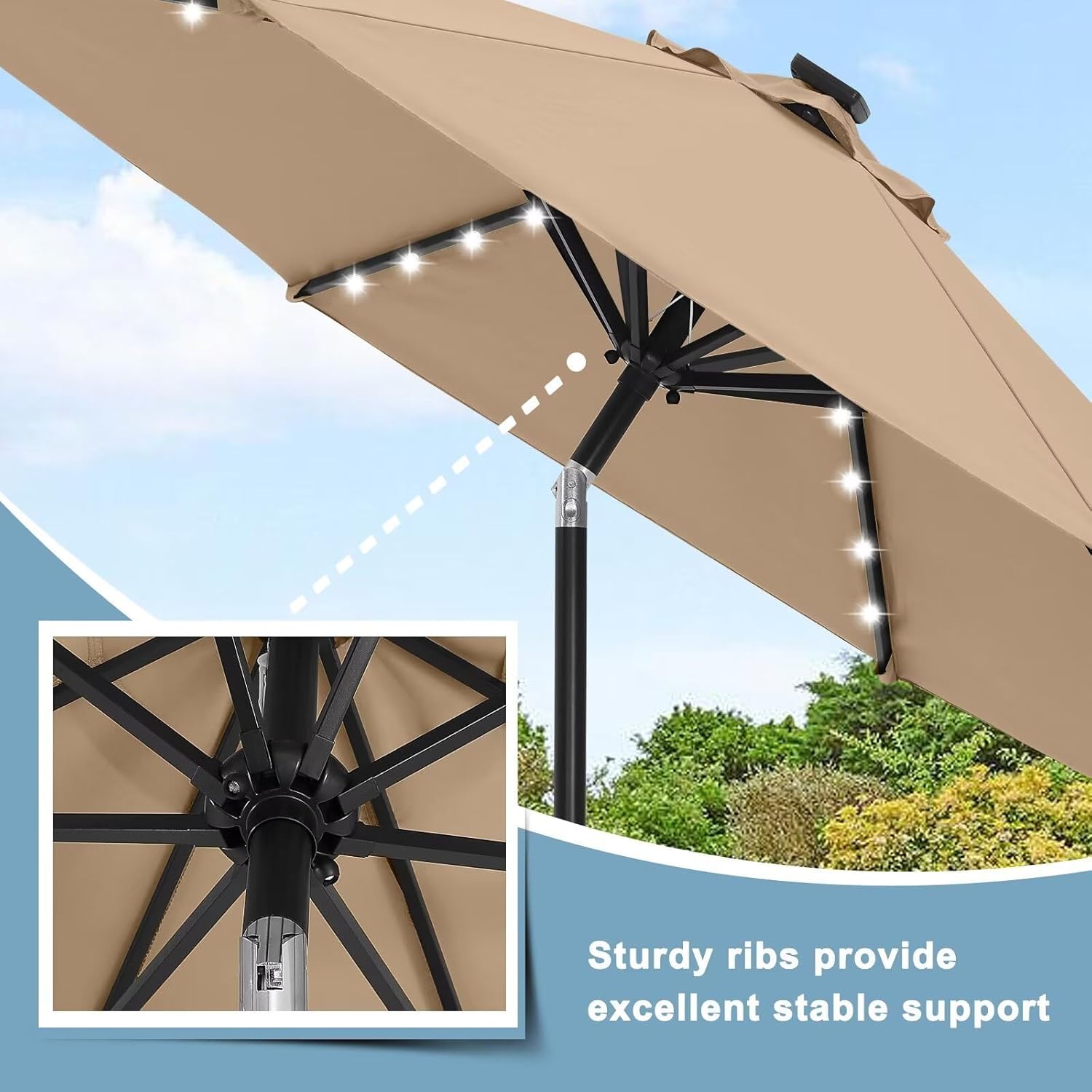 ABCCANOPY 7.5FT Durable Solar Led Patio Umbrellas with 24LED Lights (Khaki)