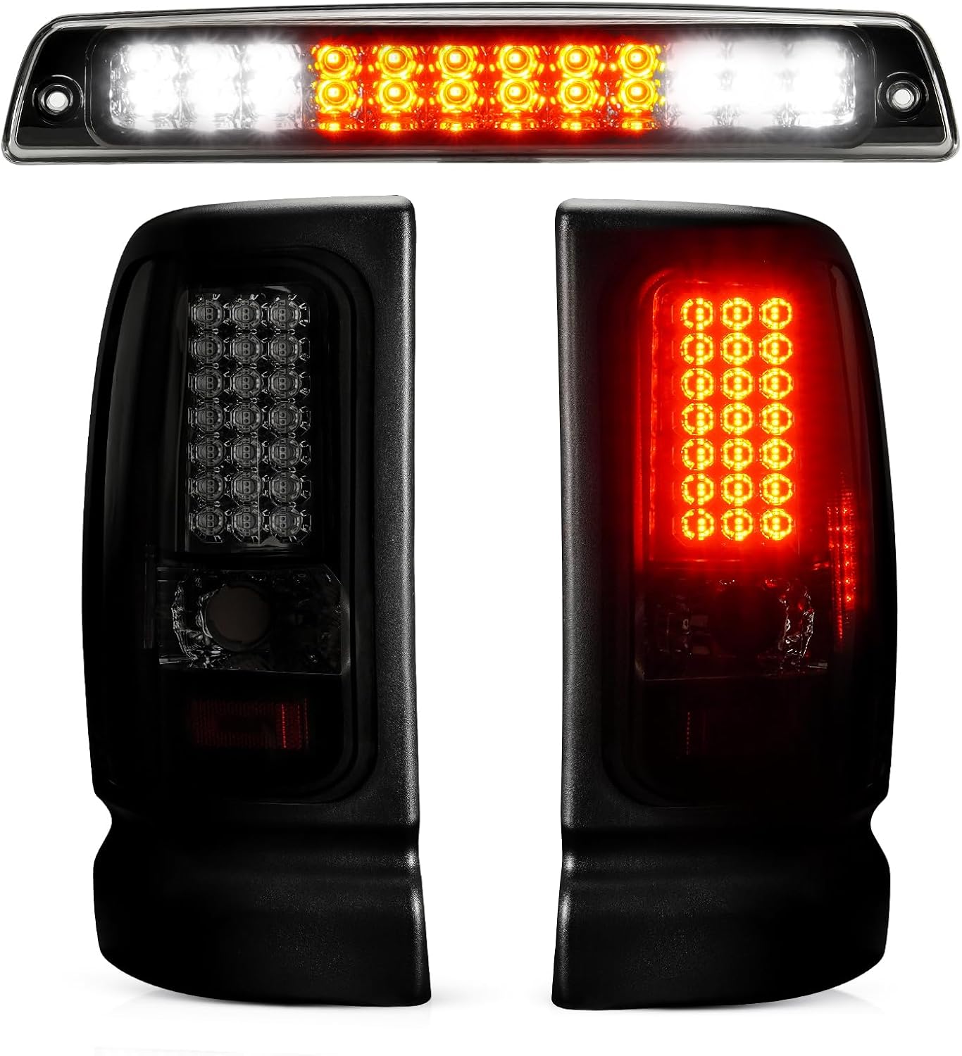 LED Tail Light + 3rd Brake Light Kit Fit for Dodge Ram 1500 1994-2001, for Ram 2500 3500 1994-2002, Taillights and High Mount Stop Light, 3 Pcs, Smoke Lens