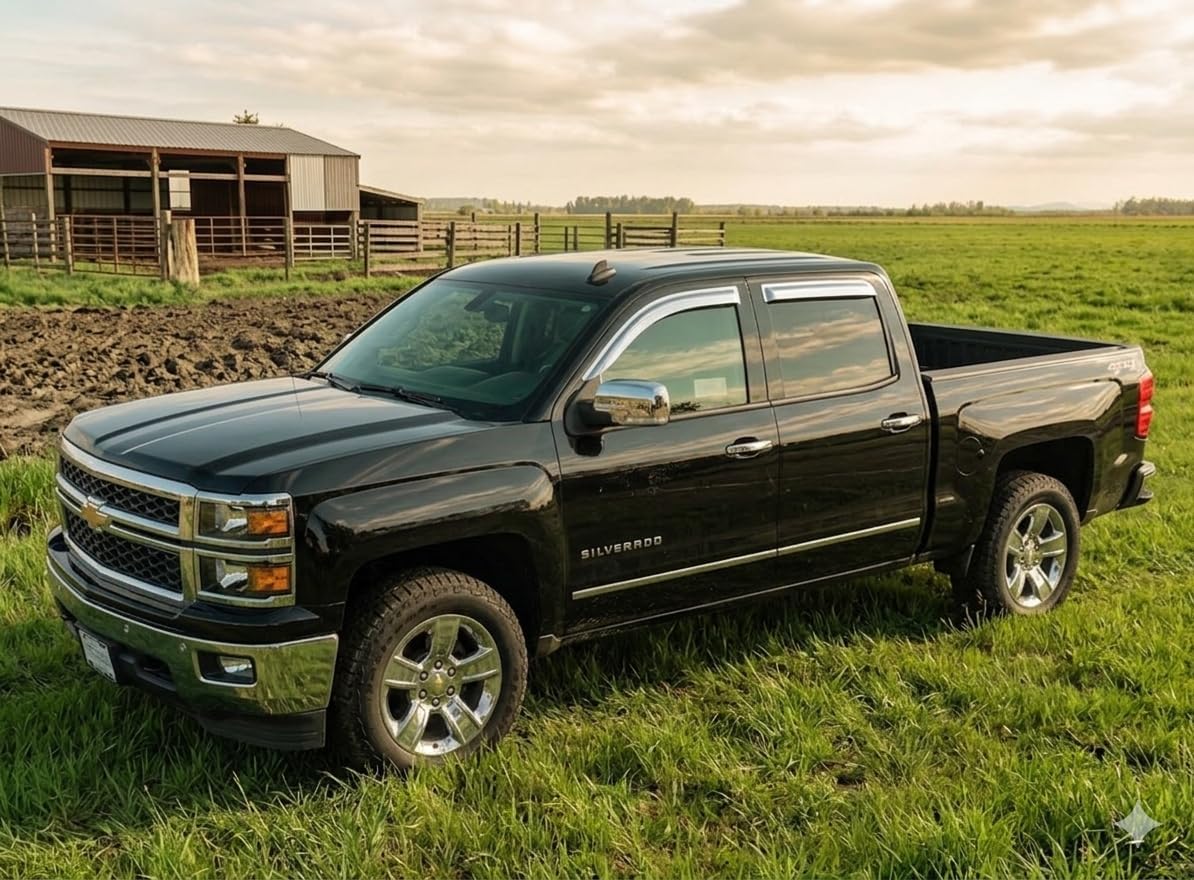 Chrome Window Visors Wind Deflectors Compatible with 2014-2018 Chevy Chevrolet Silverado 1500 & GMC Sierra 1500/2015-2018 Silverado & Sierra 2500HD 3500HD Extended Cab, 4pc Set, Tape-On Rain Guards